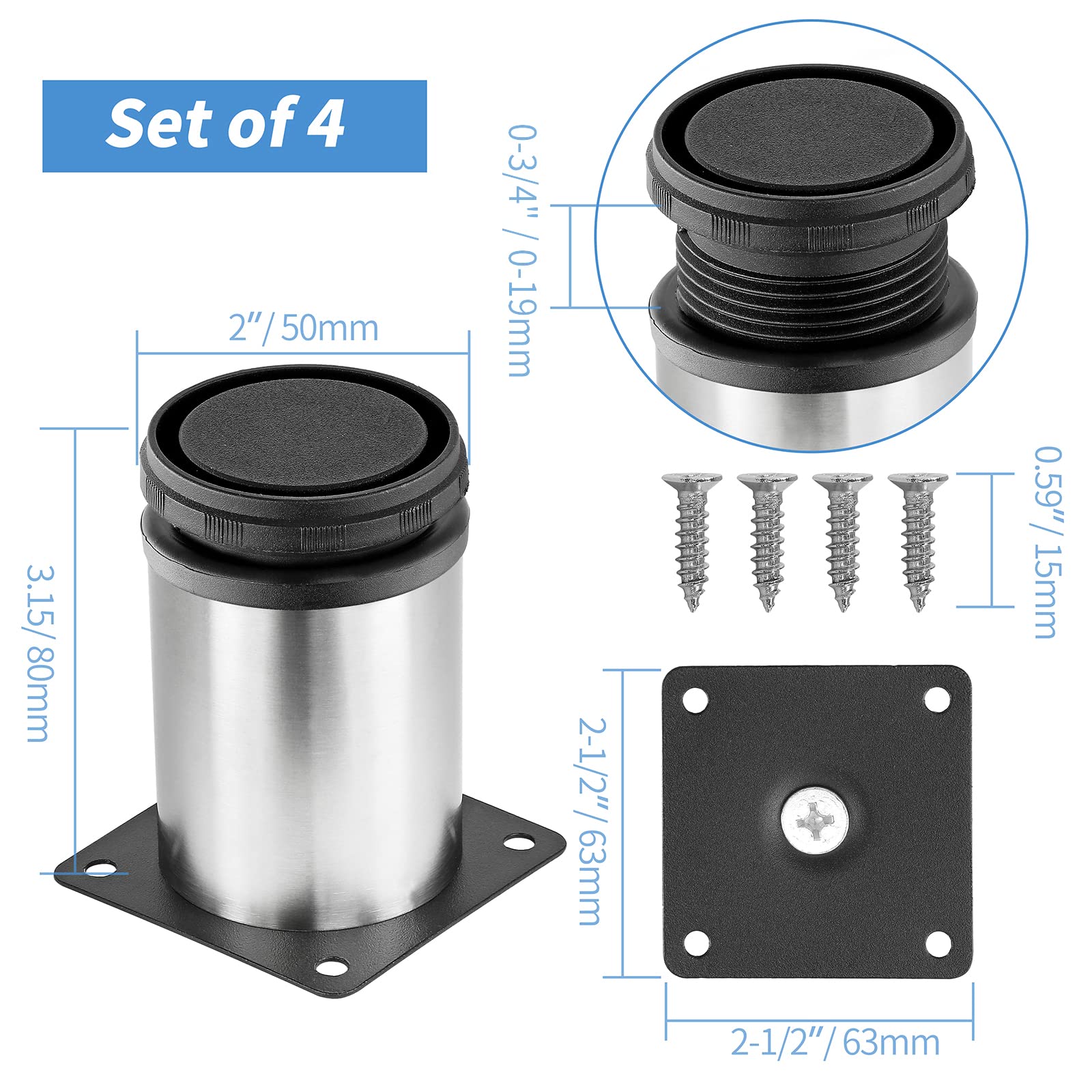 3 Inch Stainless Steel Adjustable Furniture Legs - Round Metal Table Legs for Coffee Table, Cabinet, Desk, Sofa & Shelves (Set of 4) | Durable & Stylish Home & Office Furniture Support