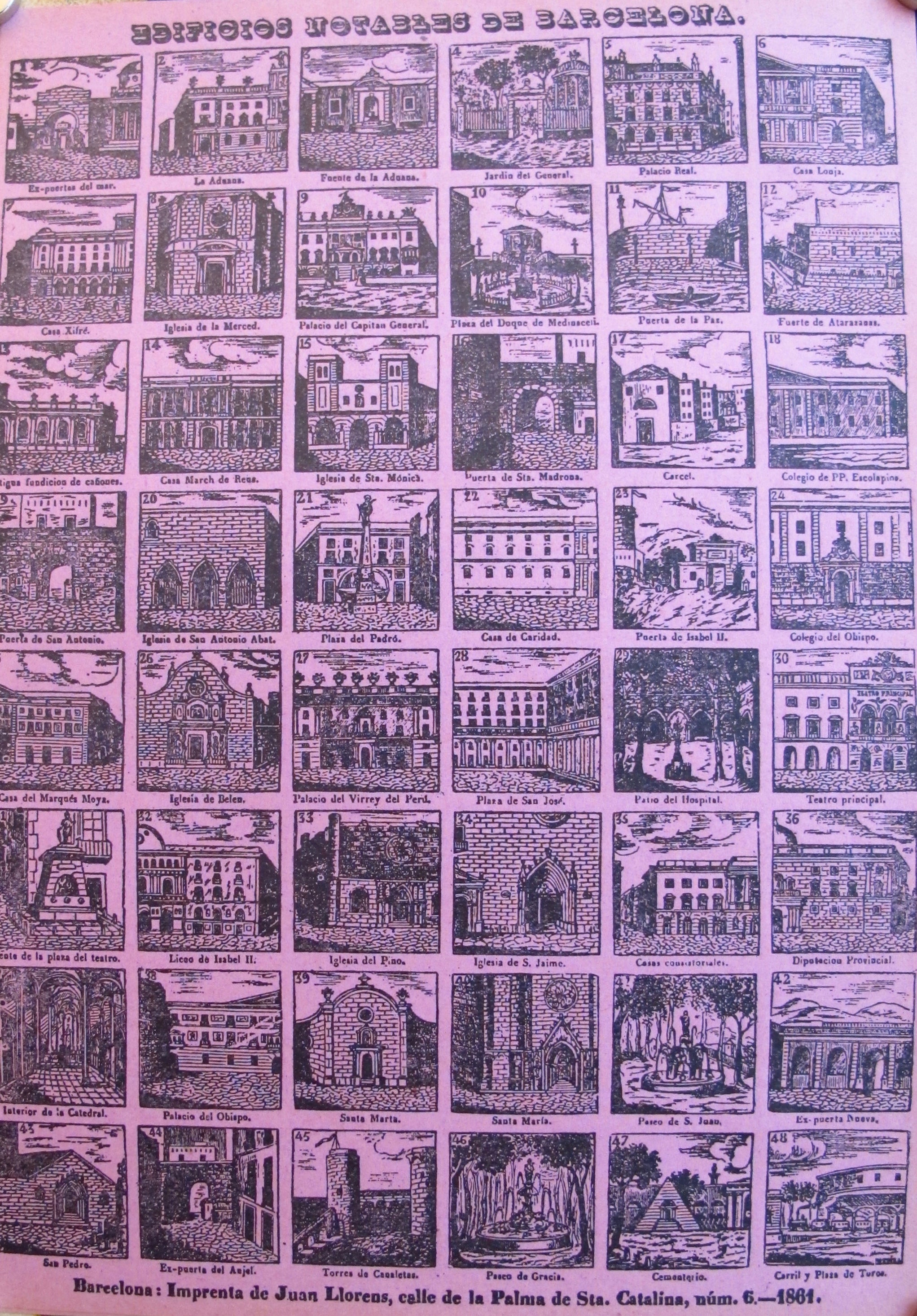 1861 Original Spanish Poster - Edificios Notables De Barcelona by Llorens | Vintage Barcelona Architecture Art Print for Home & Office Decor