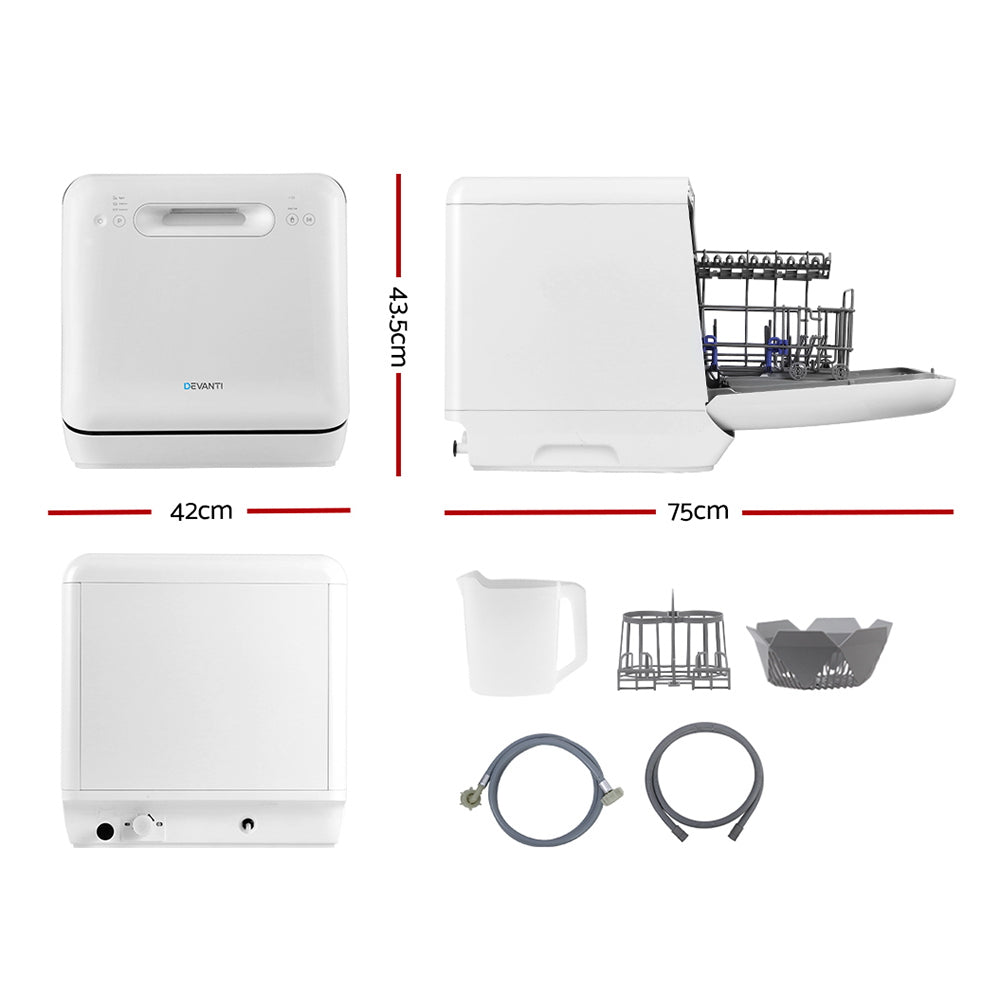 Devanti 3 Place Setting Countertop Dishwasher - Compact & Portable Dish Washer for Small Kitchens, Apartments, RVs & Dorm Rooms - Energy Efficient Benchtop Dish Cleaner with Quick Wash Cycle