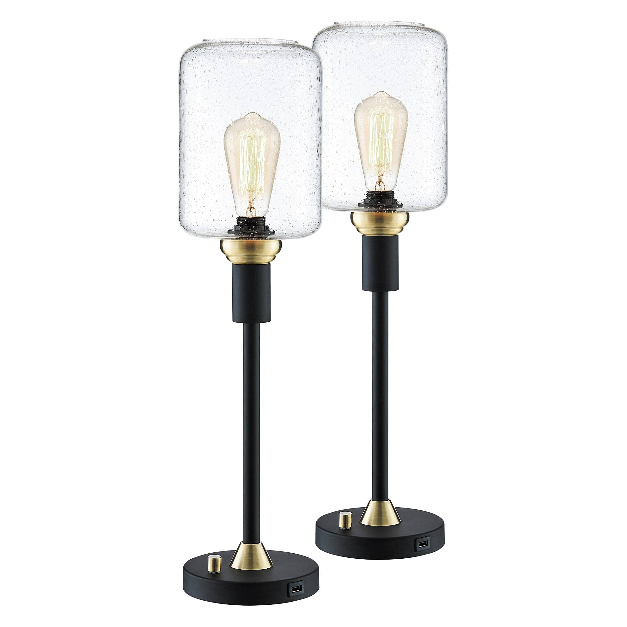 Lite Source Luken Black Metal Table Lamps Set of 2 with USB Ports - Modern Bedside Nightstand Lighting for Bedroom, Living Room & Office