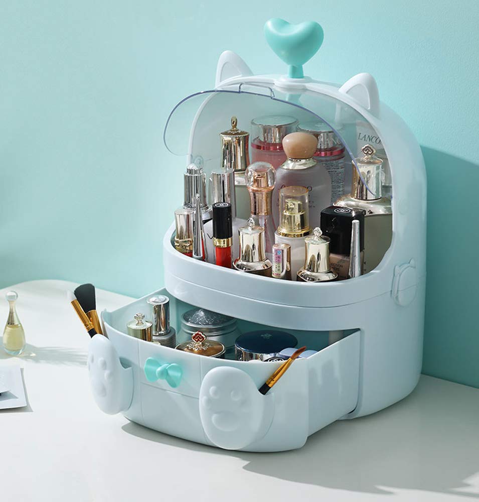 Modern Cat-Shaped Makeup Organizer - Waterproof Dustproof Jewelry & Cosmetic Storage Box with Heart Handle - Perfect for Bathroom Vanity, Dresser, Bedroom Decor - Blue