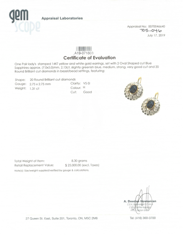 14K Yellow and White Gold Sapphire and Diamond Earrings - 2.13ctw Total Weight, 1.31ctw Sapphire | Elegant Jewelry for Weddings, Anniversaries & Special Occasions