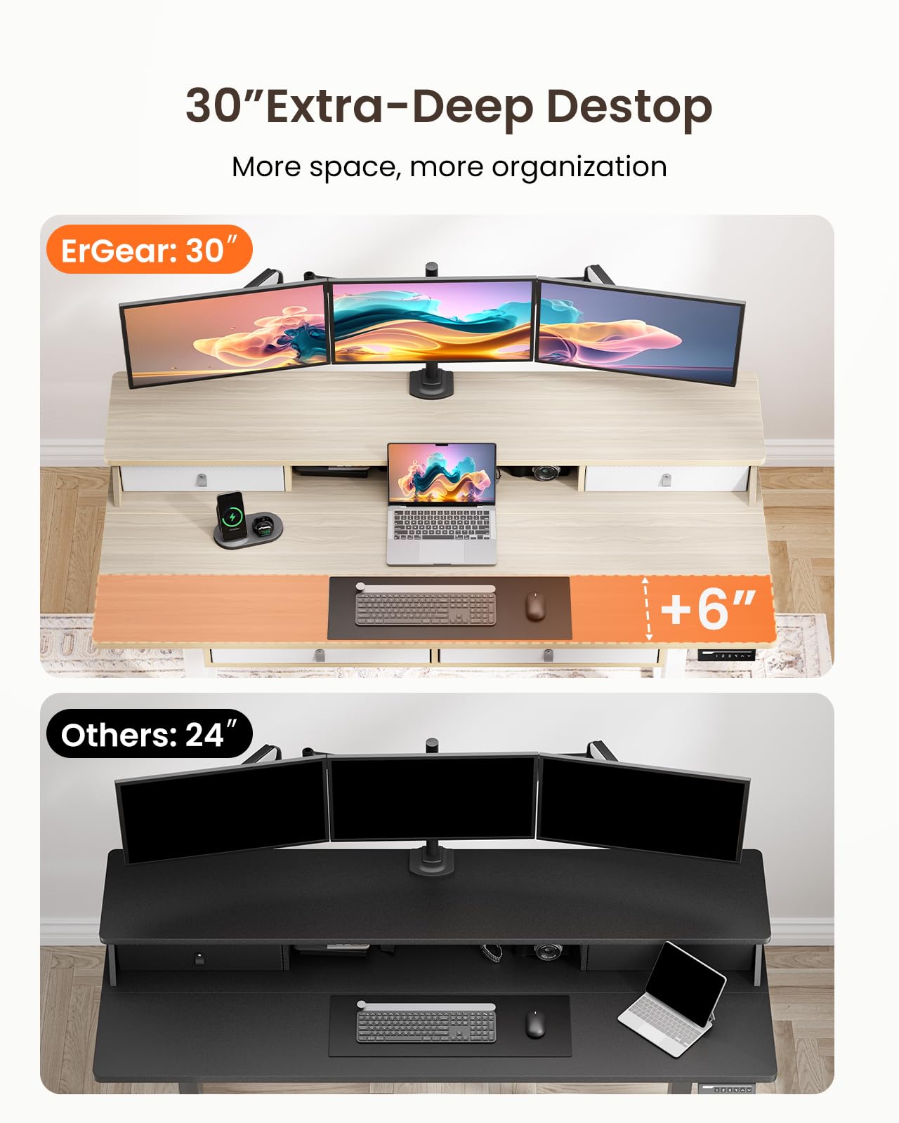ErGear 48 x 30 Inches Electric Standing Desk with Drawers - Height Adjustable Sit Stand Desk with Storage, 4 Memory Presets & Cable Management Tray - Natural Wood Home Office Desk for Computer Work, Gaming & Study