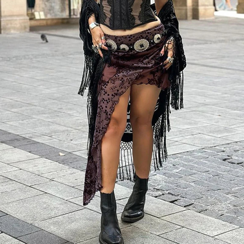 Vintage Asymmetrical Ruched Bodycon Mesh Skirt for Women - Sexy Printed Mini Skirt with Fringe & Drawstring - Perfect for Night Out, Party, Club Wear and Date Night Outfits