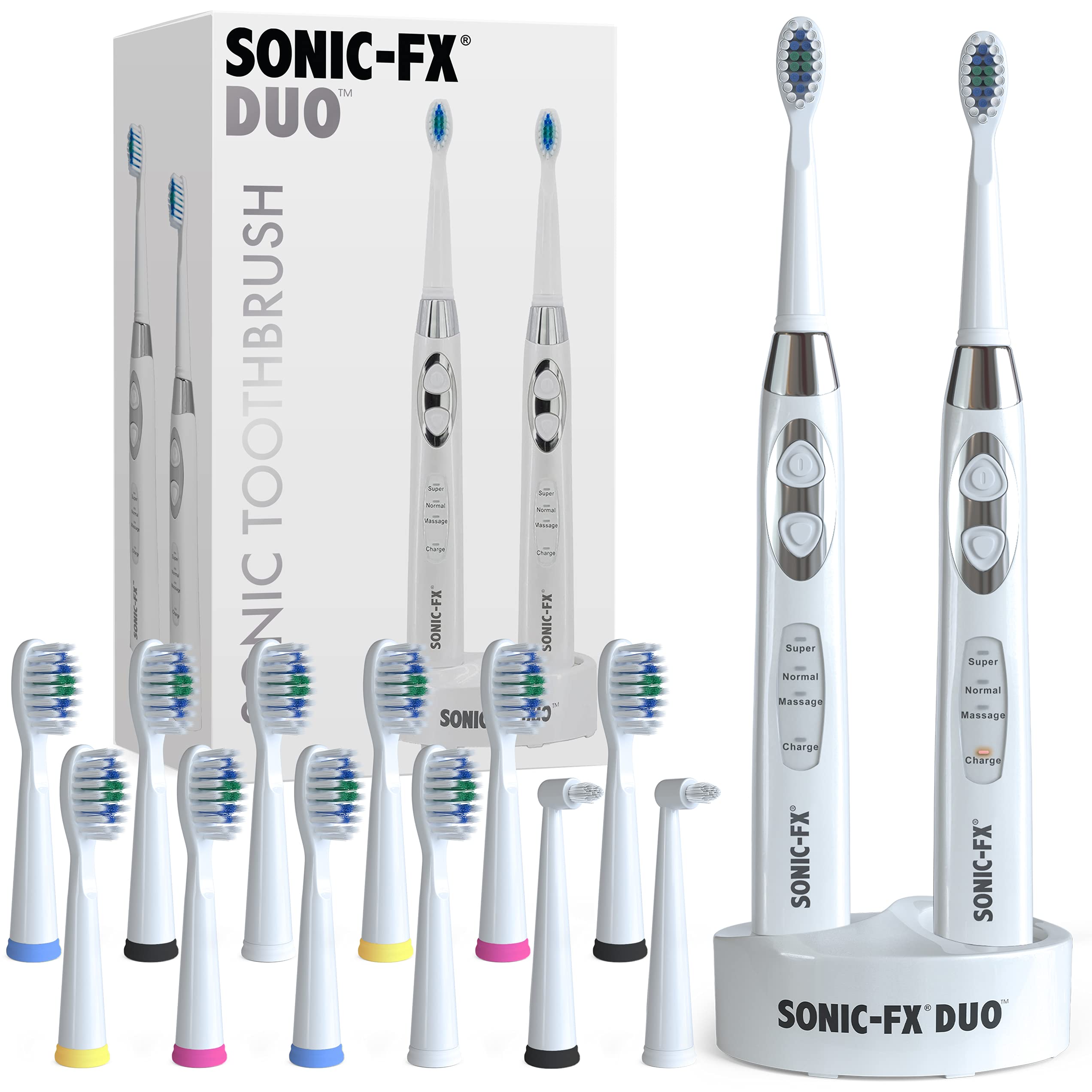 Rechargeable Electric Toothbrush Set for Adults & Kids - 14 Brush Heads, 3 Cleaning Modes, Smart Timer, Charging Dock - Dual Handle Toothbrush for Family Oral Care - Perfect for Travel & Home Use (White)