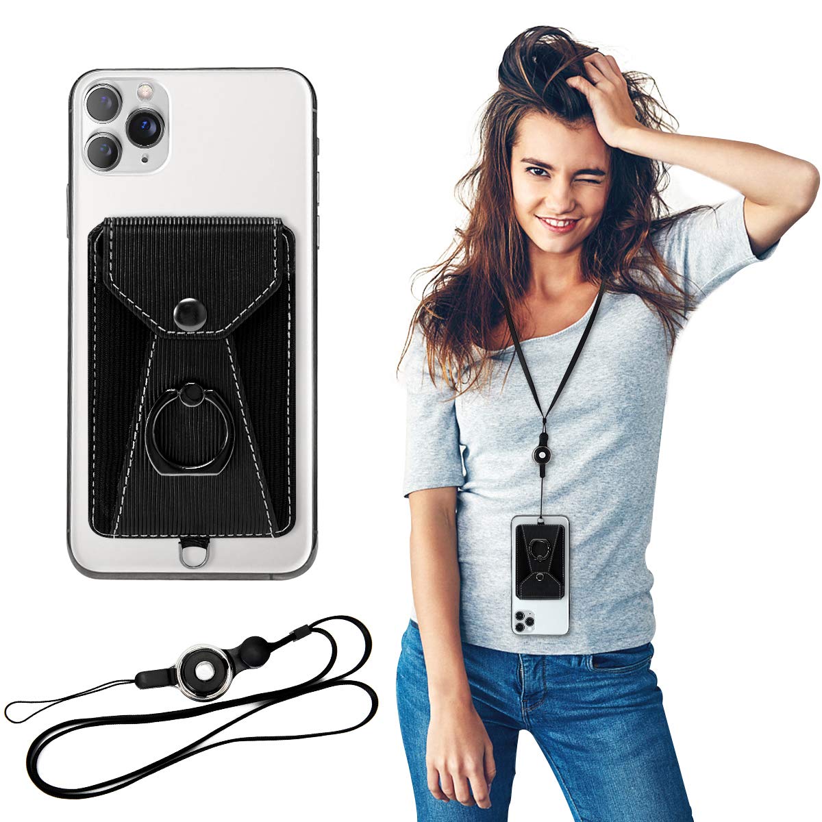 Black Adhesive Stick-on Phone Card Holder with Ring Grip Stand & Detachable Neck Strap - Wallet Pocket for Credit Cards - Perfect for Travel, Shopping & Hands-Free Convenience