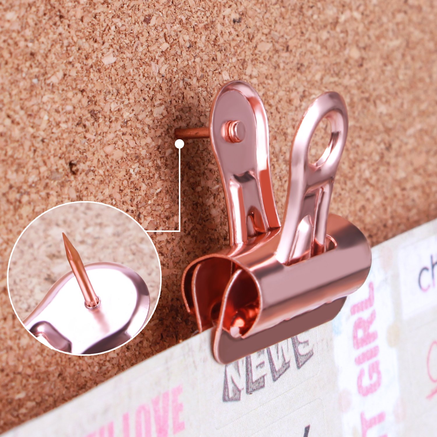 Yalis 15-Pack Push Pins Clips - No-Hole Paper Clips for Cork Boards & Photo Walls - Rose Gold Office & Home Decor Supplies for Bulletin Boards, Memo Boards & DIY Projects