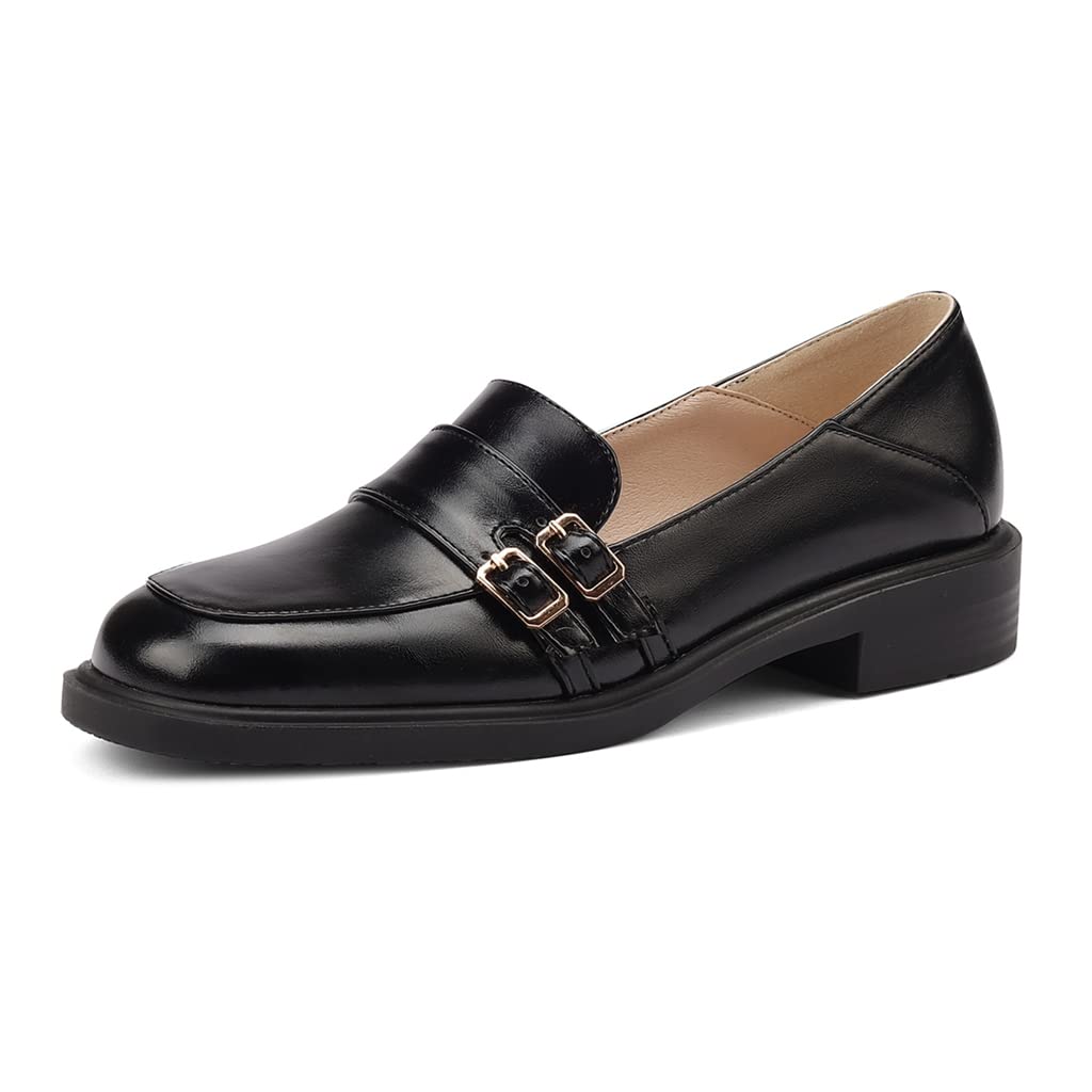 Women's Classic Buckle Slip-On Penny Loafers - Genuine Leather Square Toe Oxford Shoes for Business & Dress | Comfortable Work Flats for Office, Commuting & Professional Occasions