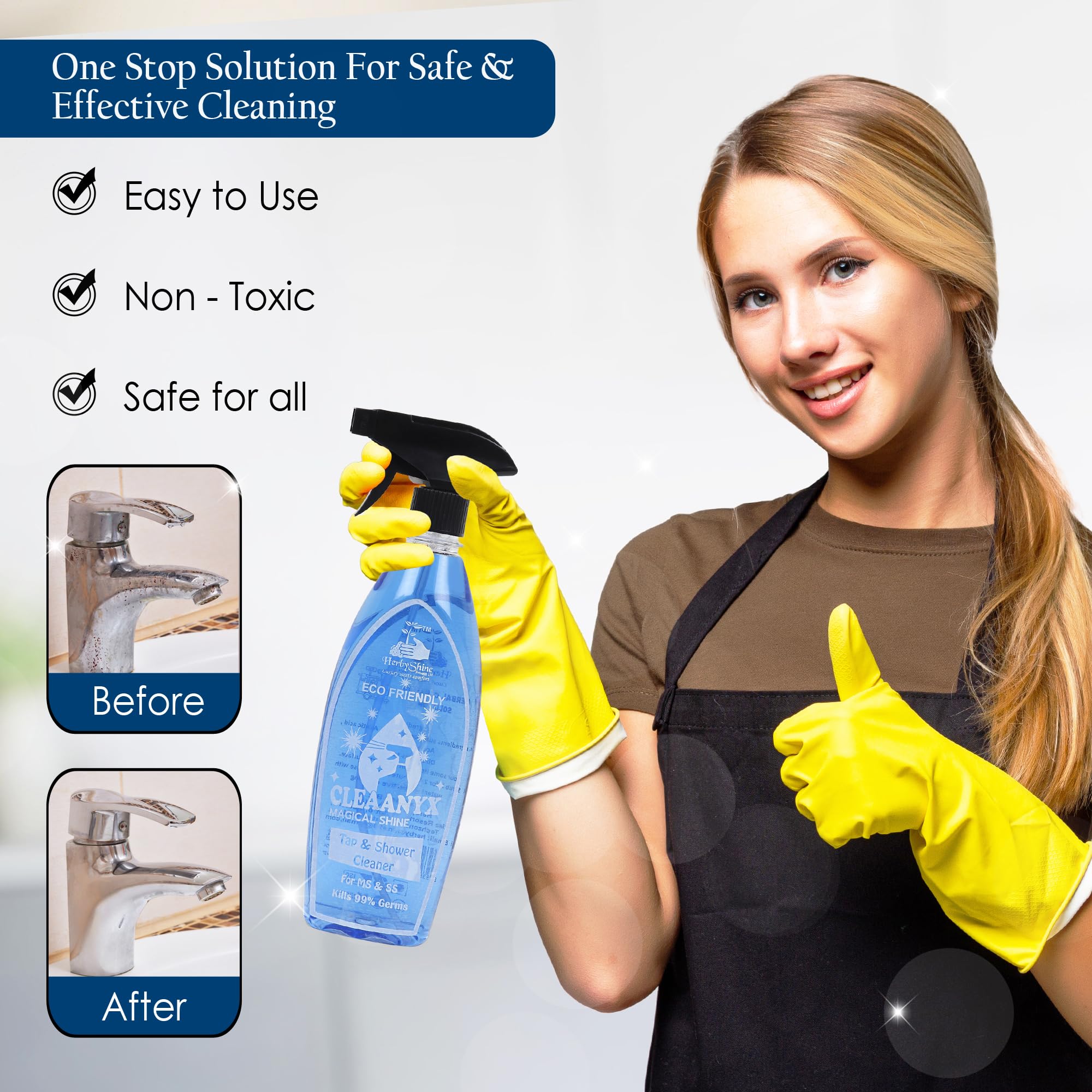 HerbyShine Bathroom Tap Cleaner | Hard Water Stain Remover & Shower Head Cleaner | Liquid Spray for Stain Removal | Perfect for Kitchen Sinks, Faucets, and Shower Glass Doors