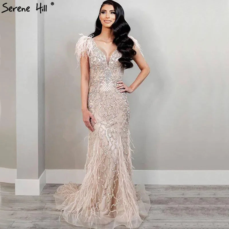 Elegant Champagne Mermaid Evening Dress with Diamond Feathers - Sleeveless Formal Beaded Gown for Women | Perfect for Prom, Wedding Guest & Black Tie Events - LA70350
