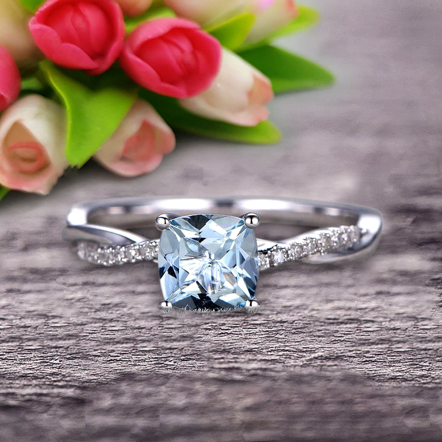 10K White Gold Aquamarine Engagement Ring - 1.25ct Cushion Cut Vintage Moissanite Diamond Ring for Women | Perfect for Proposals, Anniversaries & Bridal Jewelry
