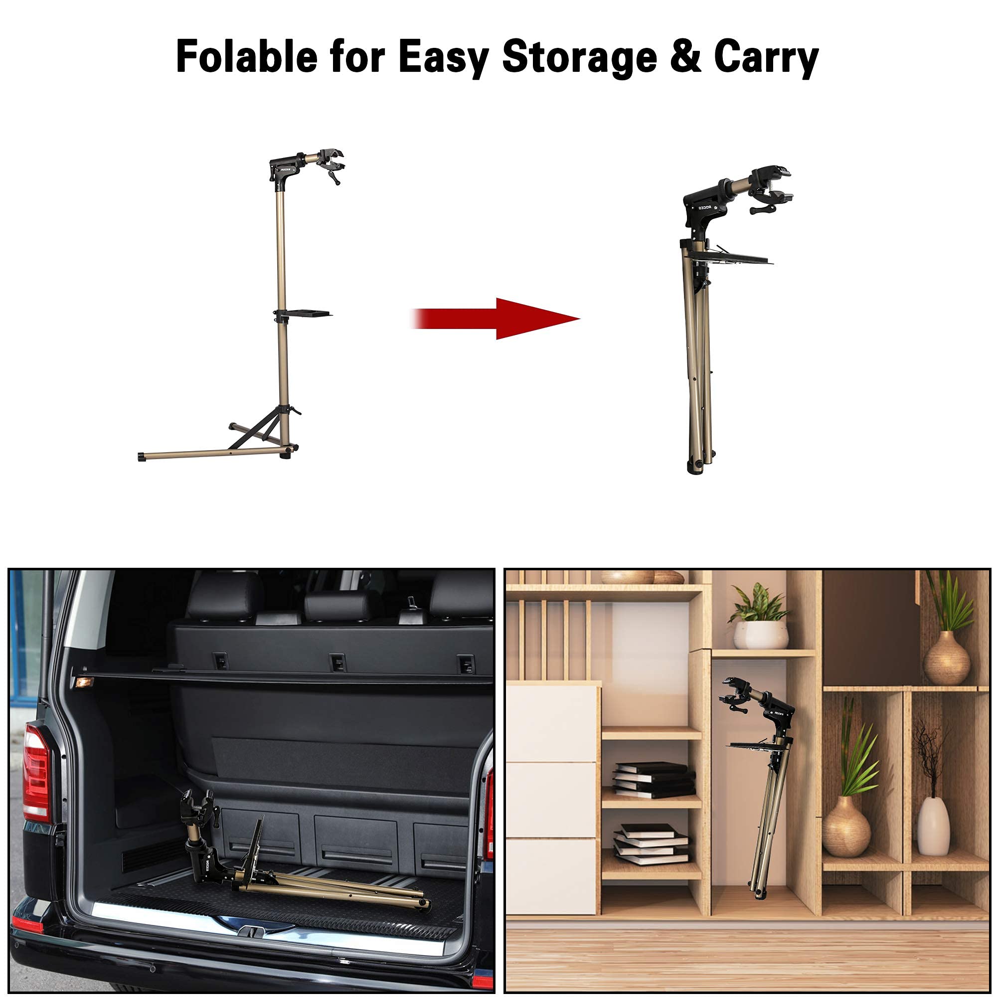 CARSTY Adjustable Height Bike Repair Stand - Heavy Duty Folding Bike Workstand for MTB & Road Bikes, Home & Shop Use with Tool Tray (Supports 60 lbs) - Perfect for Bike Maintenance, Tune-ups & Storage