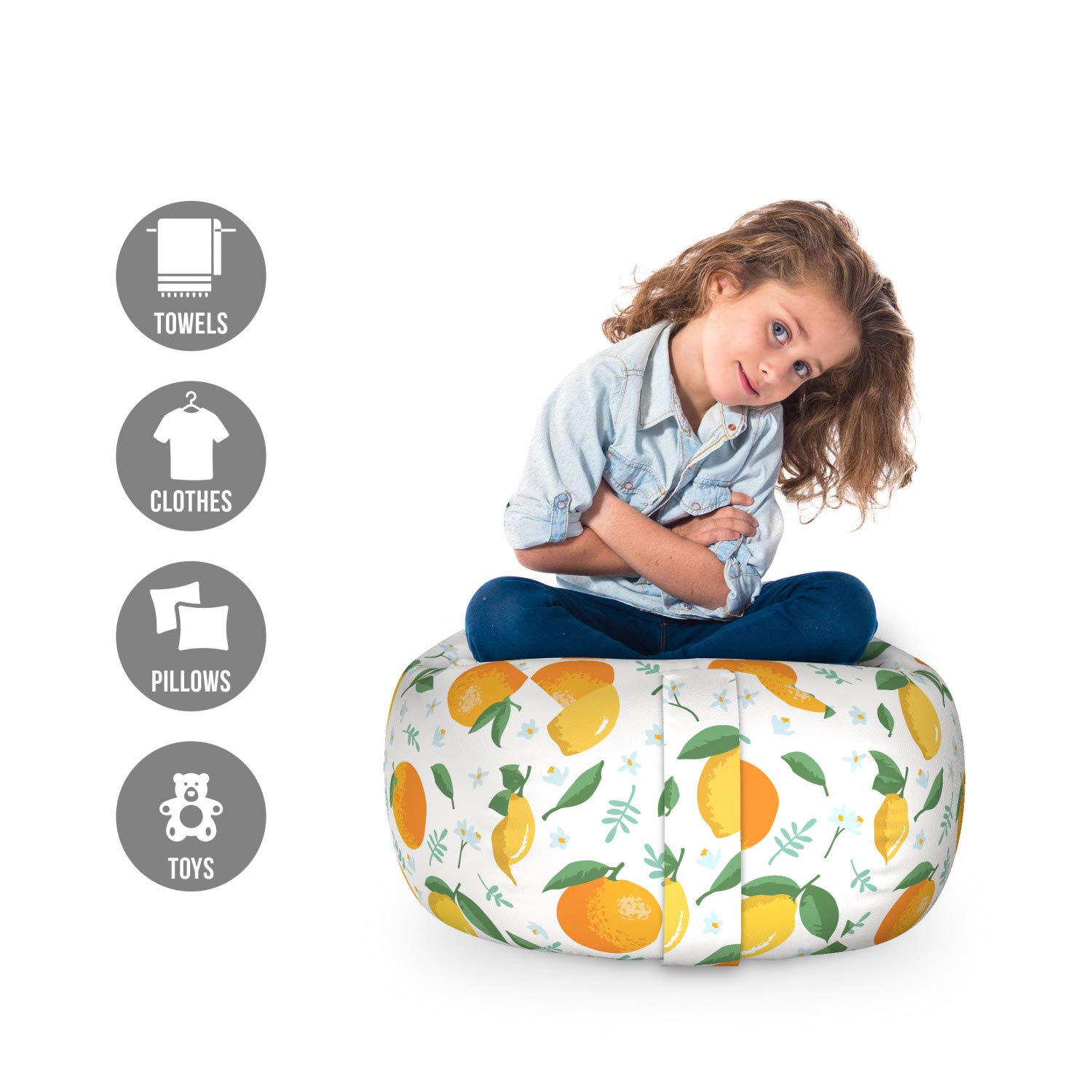 Ambesonne Citrus Toy Storage Bag Chair - Lemons, Oranges & Floral Summer Pattern - Washable Stuffed Animal Organizer for Kids Room - Small Size in Marigold Mustard - Perfect for Playroom, Nursery & Bedroom Organization