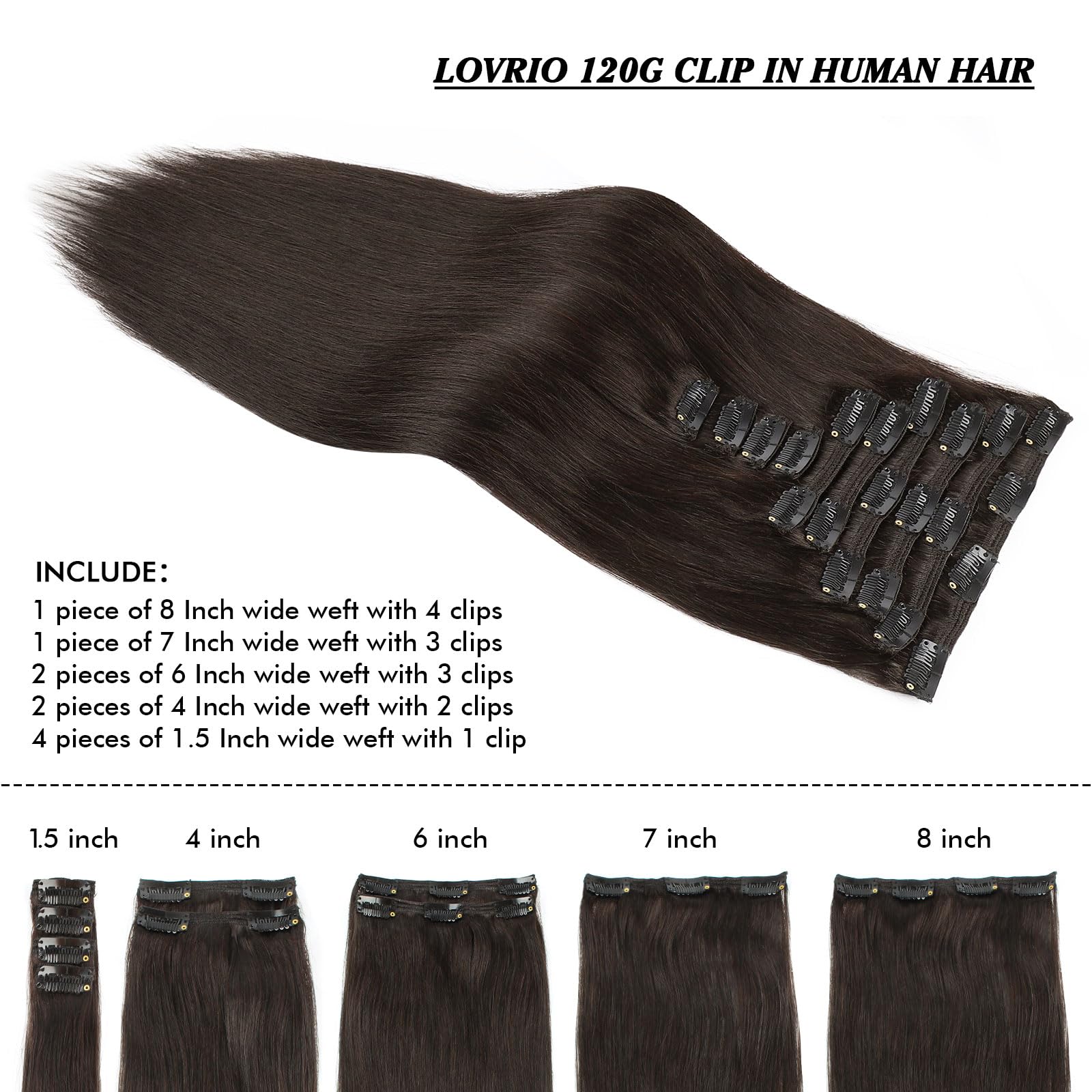 22 Inch Double Weft Clip-In Human Hair Extensions - 10 Pieces Dark Brown Remy Soft Straight Hair with 21 Clips for Women - Perfect for Volume, Length & Styling for Parties, Weddings & Daily Wear
