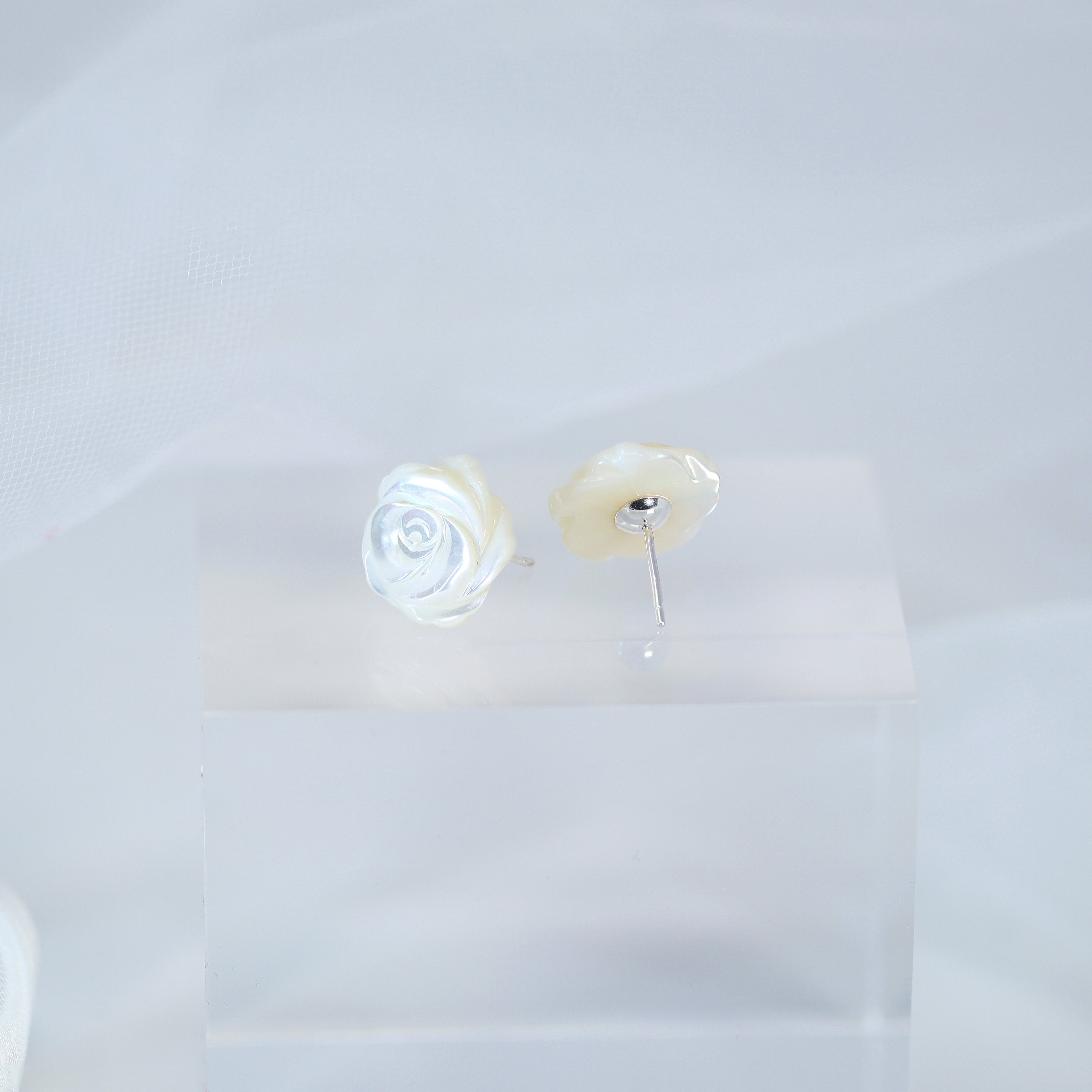 Natural Freshwater Pearl & Mother of Pearl Carved White Rose Stud Earrings | Elegant Bridal Jewelry, Floral Statement Earrings for Weddings, Parties & Special Occasions