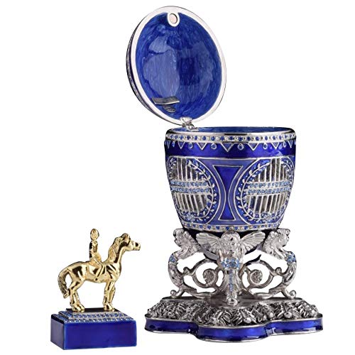 Blue Russian Egg Trinket Box with Man Riding Horse Surprise Inside - Unique Faberge Egg Decorated with Austrian Crystals - Limited Edition Collectible Easter Gift for Home Decor, Jewelry Storage & Holiday Display