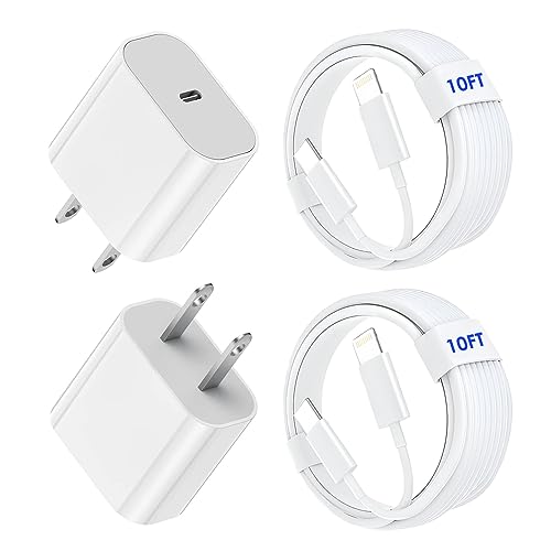 2-Pack Apple MFi Certified Fast Charger & 10FT USB C to Lightning Cable with PD Charger Block - Compatible with iPhone 14/13/12/11/X/XS Max/8 - Perfect for Home, Office & Travel Charging
