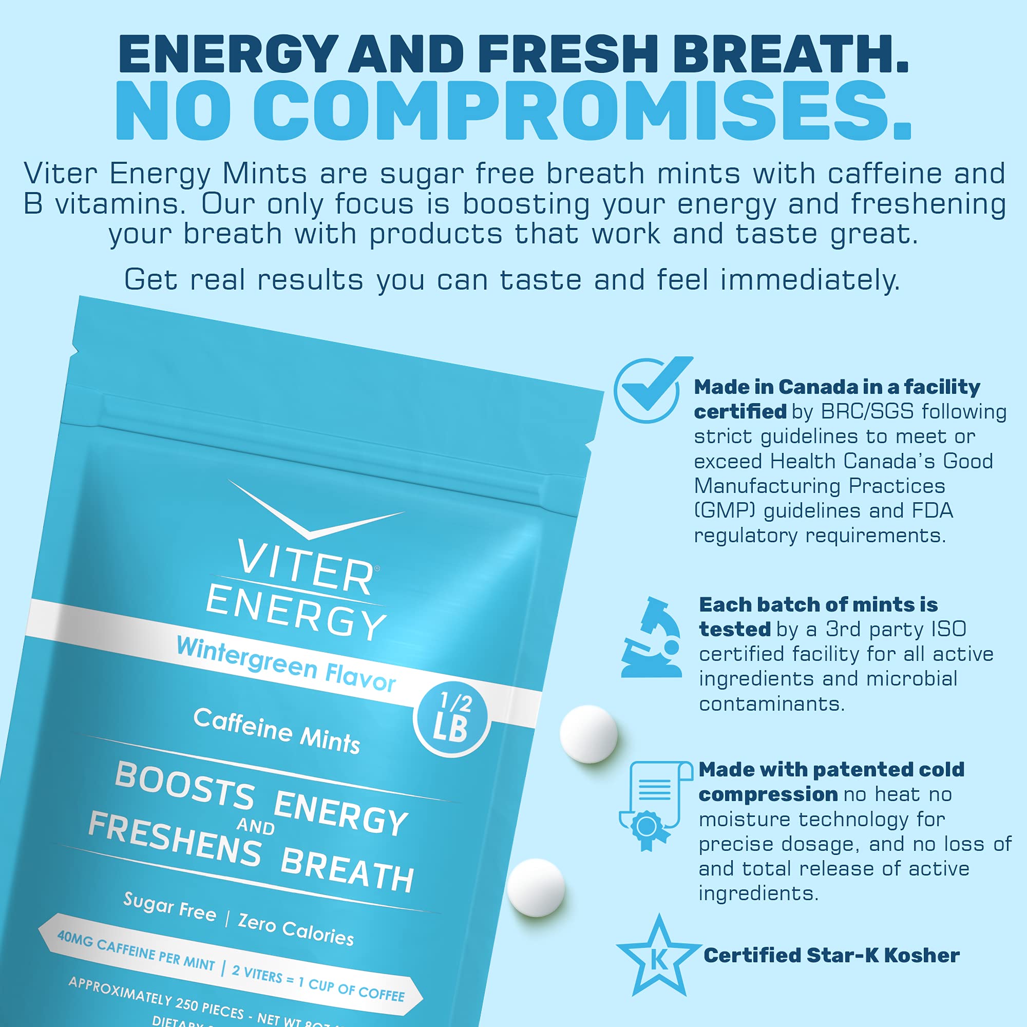 Viter Energy Original Caffeine Mints - 5 Flavor Variety Pack (1/2 Pound Bulk Bag) | 40mg Caffeine Per Mint with B Vitamins | Sugar-Free, Vegan Energy Booster for Focus & Alertness | Perfect for Workouts, Studying, and Long Drives