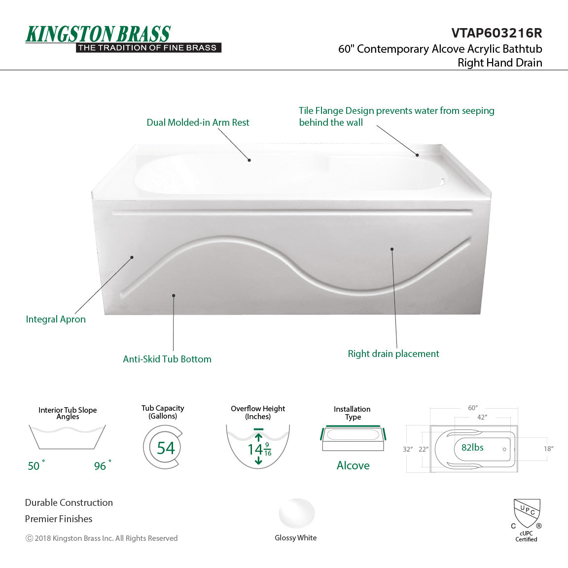Aqua Eden VTAP603216R 60 Inch Acrylic Rectangular 3-Wall Alcove Bathtub with Anti-Slip Surface & Right-Hand Drain - Glossy White - Perfect for Modern Bathrooms & Spa-Like Retreats