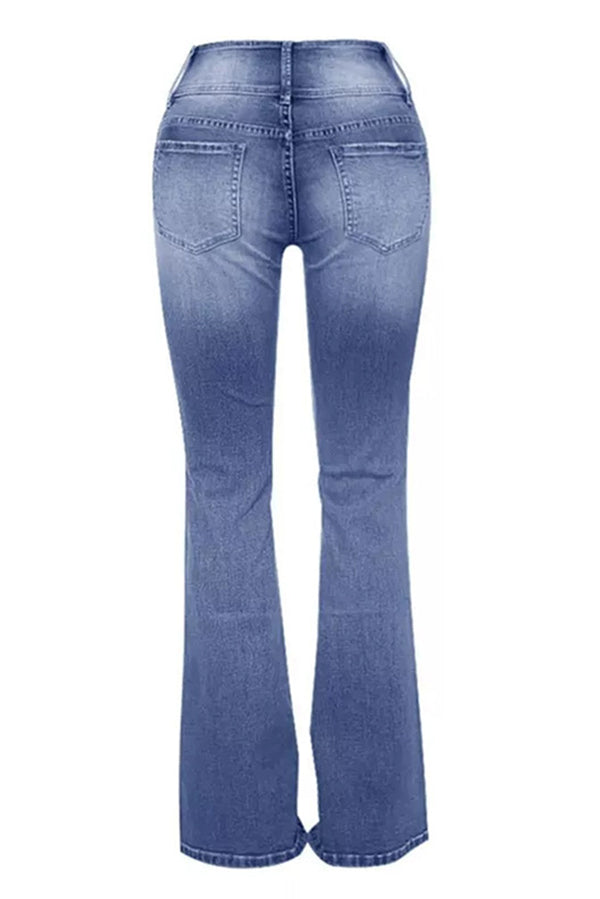 Vintage High Waist Flared Jeans with Side Button Pockets - Retro 70s Style Denim Pants for Women, Perfect for Casual Outings & Boho Fashion Looks