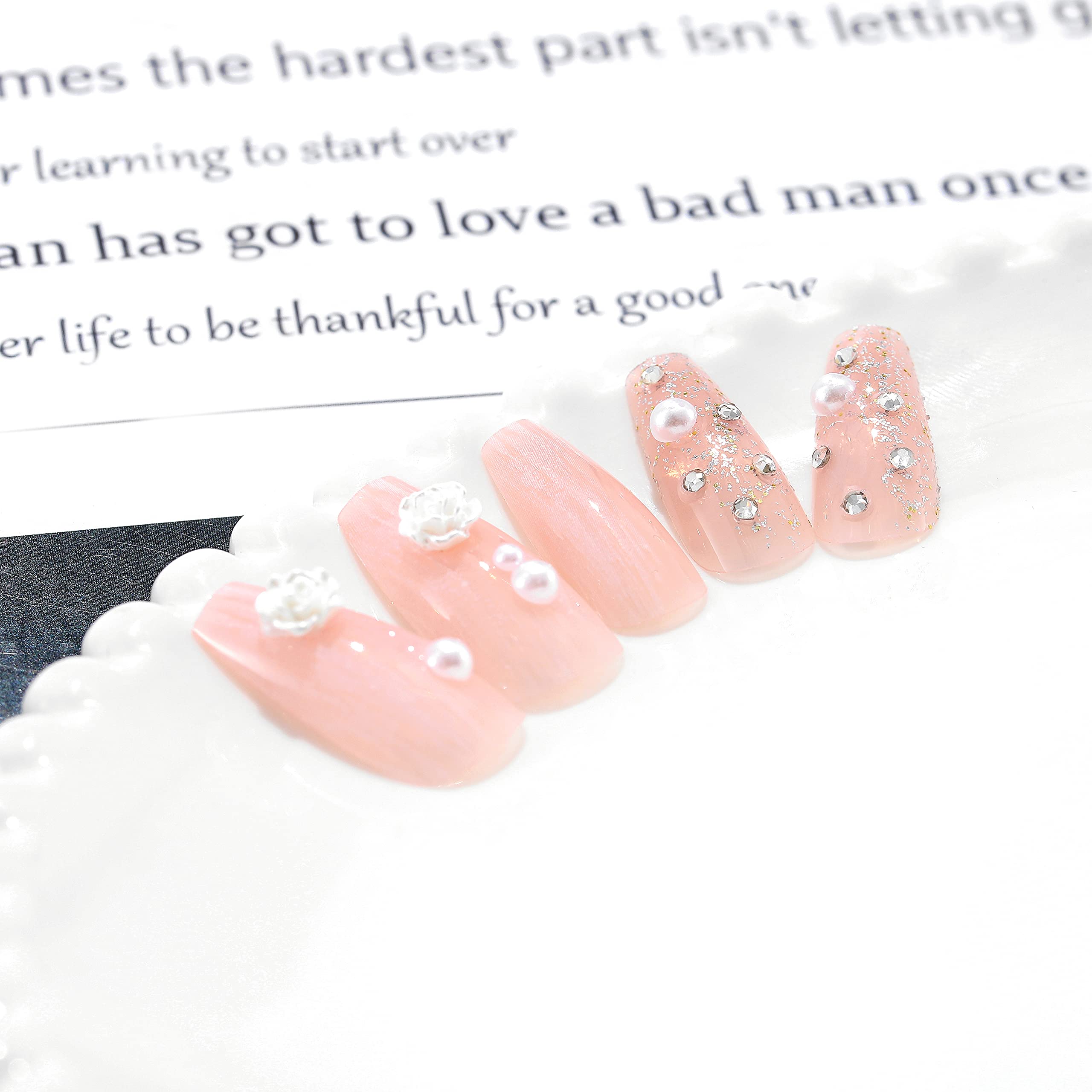Sethexy Camellia Ballerina Fake Nails - 24Pcs Pink Wedding Press on Nails with Plaster Design | Handmade Stick on Nail Tips for Women & Girls | Perfect for Bridal Showers, Prom, Date Nights & Special Occasions