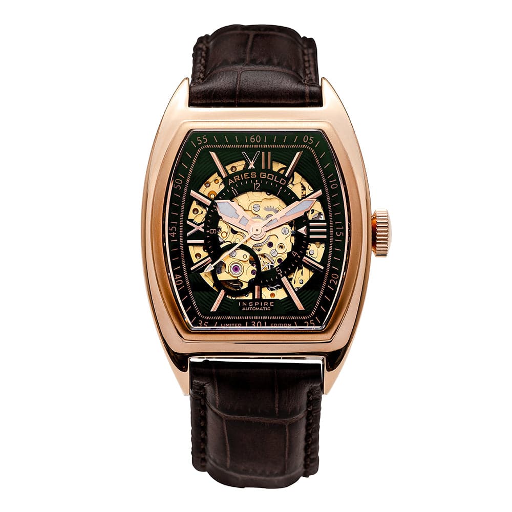 ARIES GOLD Automatic Infinum Cruiser Men's Watch - Gold Stainless Steel Case, Brown Leather Strap (Model G 901A RG GNRG) | Luxury Dress Watch for Business, Formal Occasions & Everyday Wear