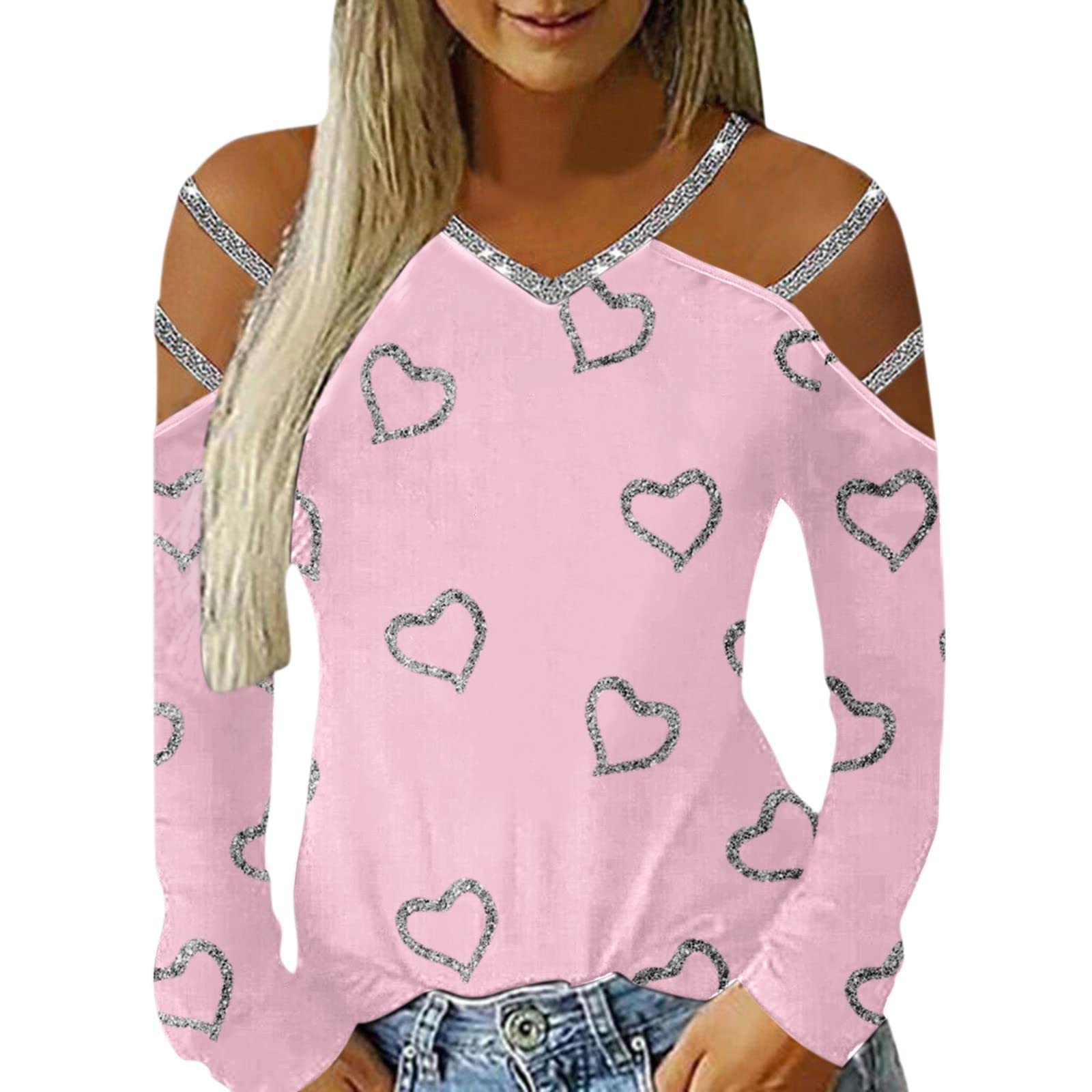 Women's Casual Heart Printed V-Neck Off Shoulder Long Sleeve T-Shirt - Soft Breathable Fabric for Everyday Wear, Date Night & Office Outfits