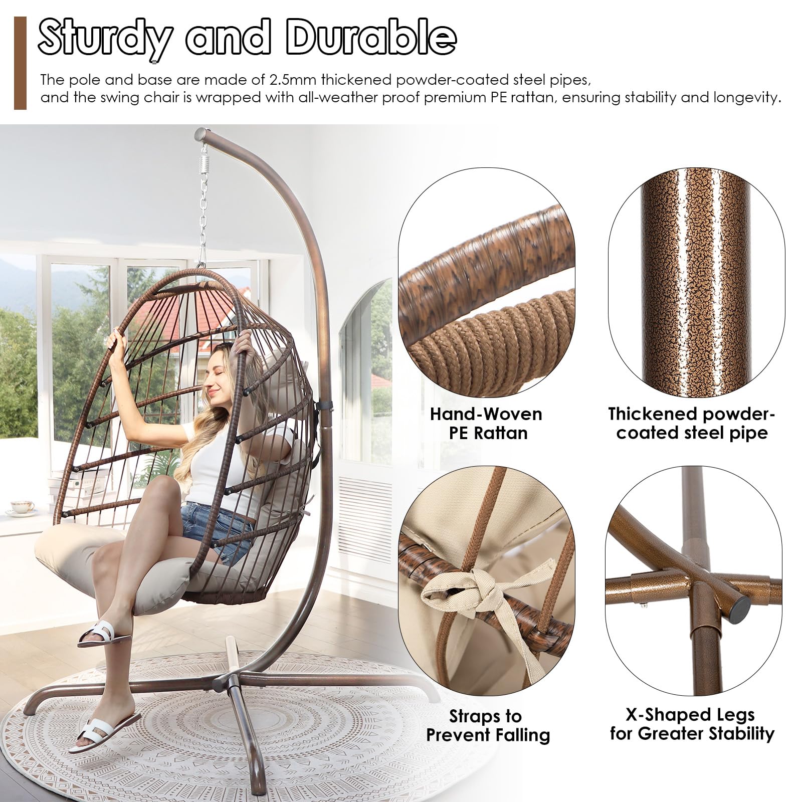 Outdoor Hanging Egg Chair with Stand - 350lbs Capacity PE Rattan Wicker Swing Chair with Waterproof Cushions, Foldable Basket Design for Patio, Garden, Bedroom & Indoor Use (Brown) | Perfect for Relaxing, Reading & Lounging in Backyard or Sunroom