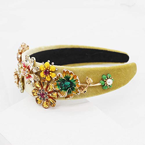 QTMY Women's Fashion Flower Pearl Crystal Headband - Wide Hair Hoop Head Accessory for Women & Girls - Elegant Yellow Headwear for Parties, Weddings & Special Occasions