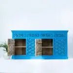 Hand Carved Carolina Blue Sideboard Buffet Table with Four Doors - Elegant Storage for Dining Room, Kitchen, or Living Room