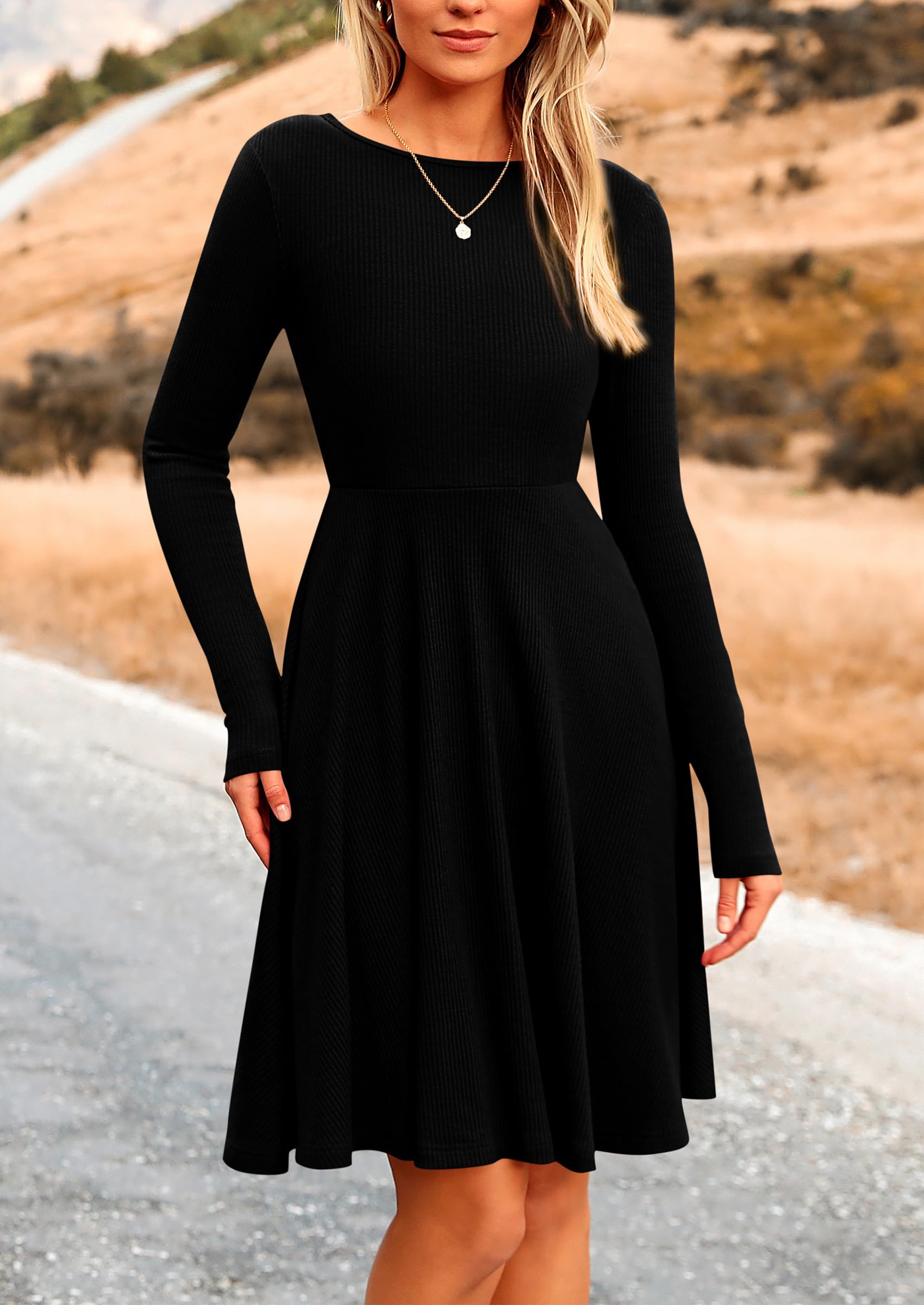 PRETTYGARDEN Women's Ribbed Knit Dress - Long Sleeve Crewneck A-Line Flowy Casual Dress for Spring & Fall | Perfect for Office Wear, Date Nights & Weekend Outings