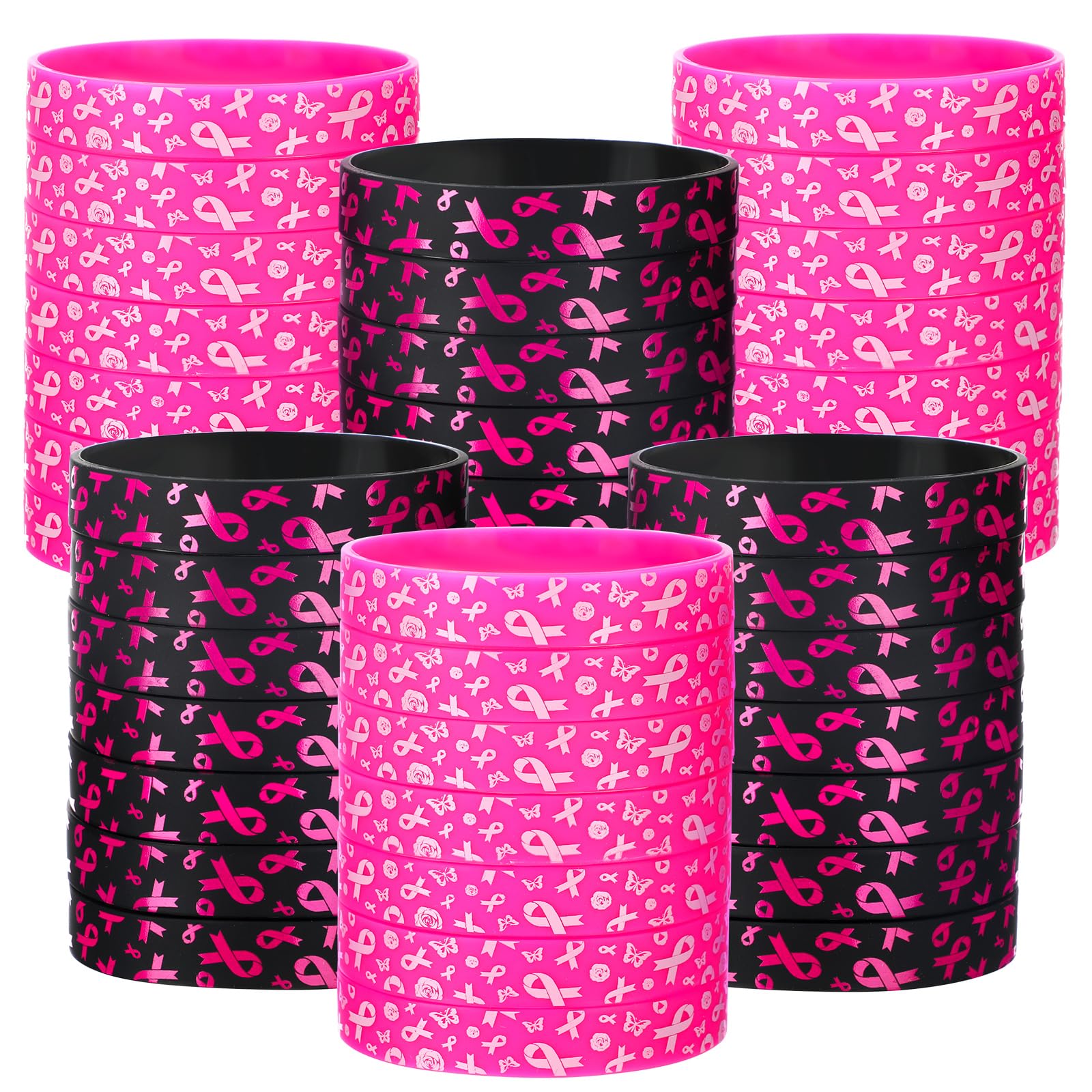 48 Pack Pink Ribbon Breast Cancer Awareness Silicone Wristbands - Inspirational Black & Pink Bracelets for Women, Fundraising Events, Survivor Gifts & Charity Support Accessories