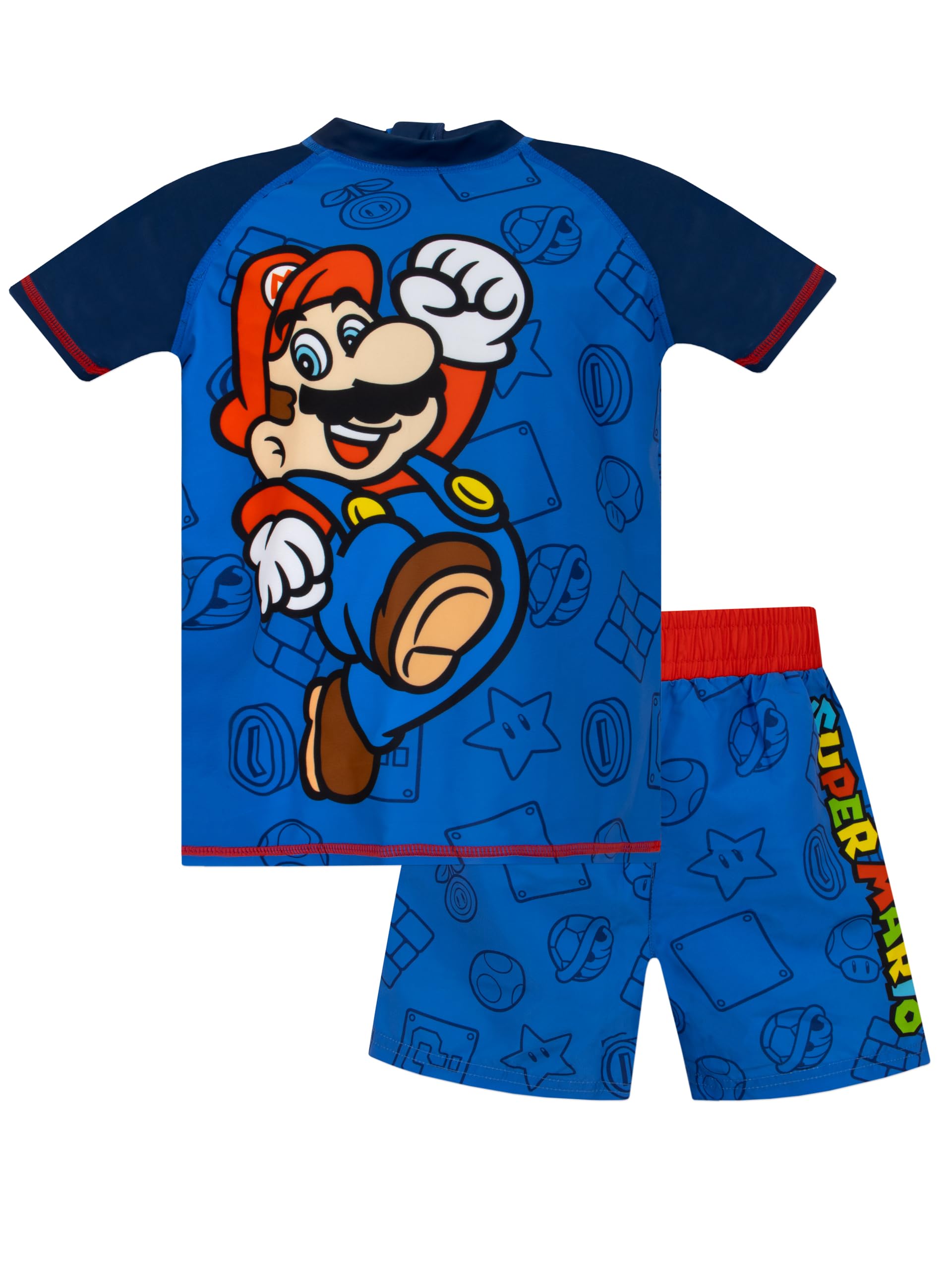 Super Mario Boys Swimwear Set - UPF 50+ Rashguard & Swim Trunks for Kids | Gaming Themed Bathing Suit for Pool, Beach & Summer Fun