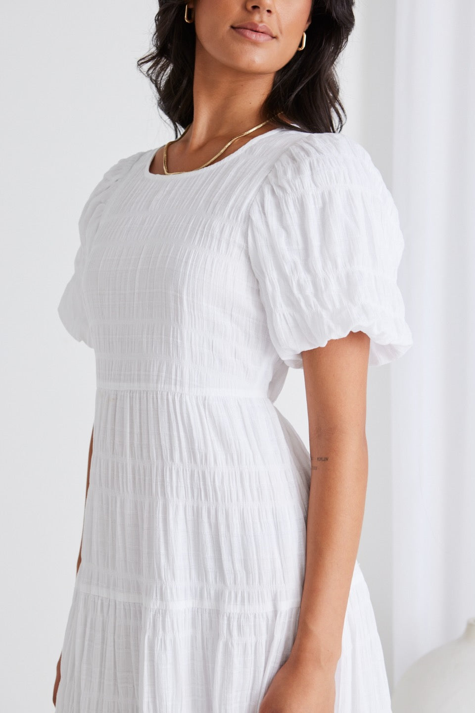 Elegant White Shirred Cotton Bubble Sleeve Tiered Maxi Dress for Women - Perfect for Summer Beach Vacations, Weddings & Boho Chic Outfits