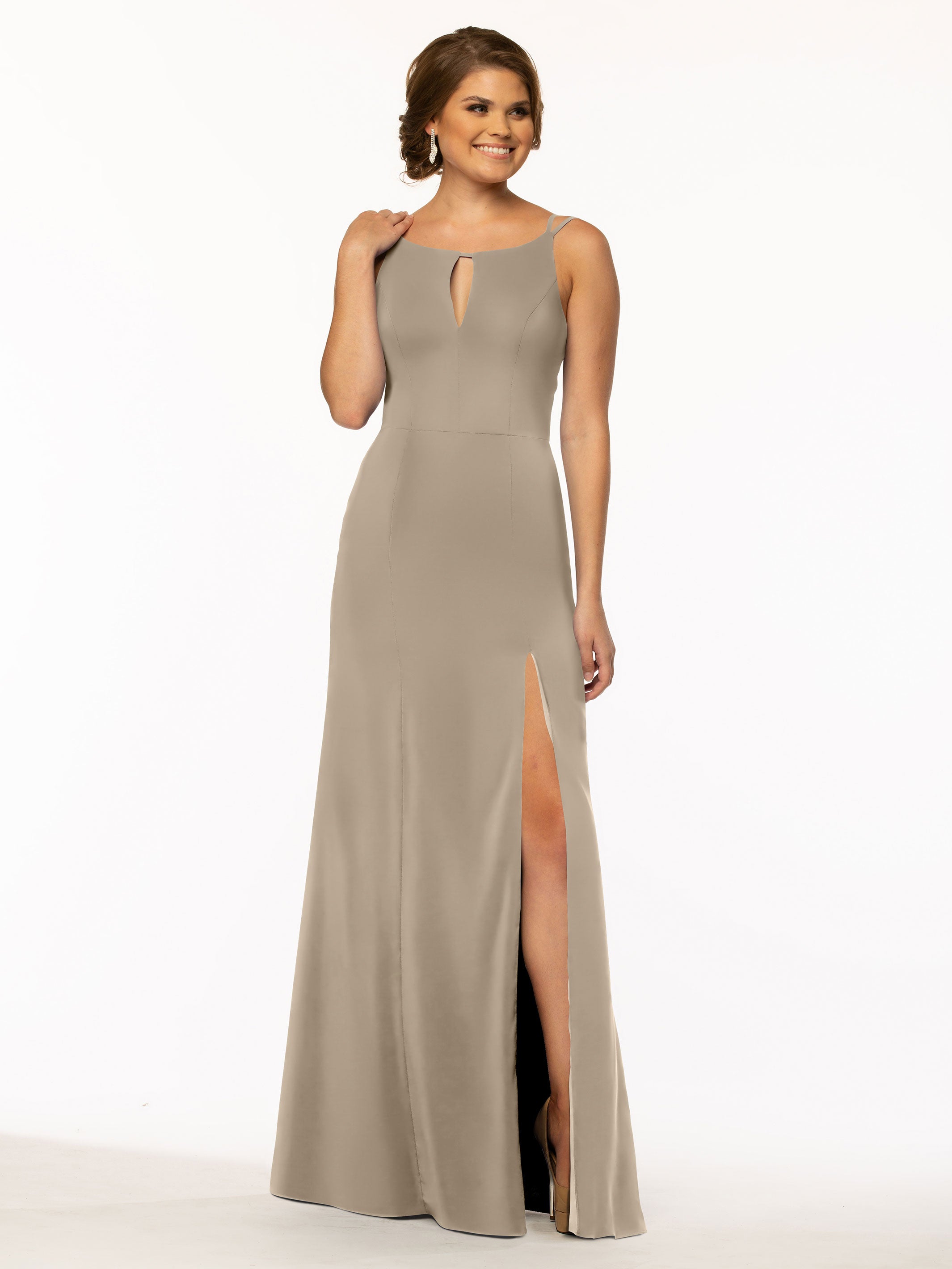 Elegant 83030 Sheath Stretch Chiffon Bridesmaid Dress with Bateau Neckline & Thigh Slit - Perfect for Weddings, Formal Events & Evening Parties