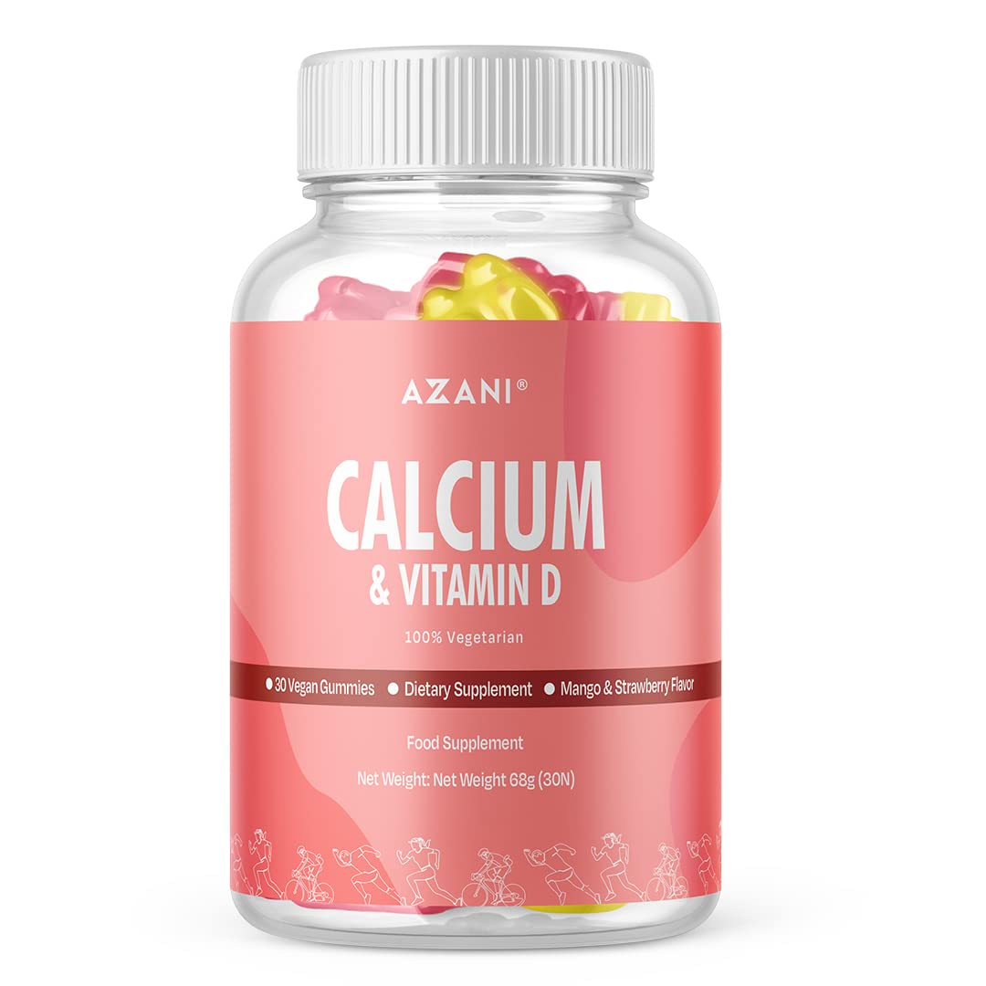Azani Calcium & Vitamin D Gummies for Adults - Vegan Bone Support Supplement with Mango & Strawberry Flavor (30 Count) - Supports Strong Bones & Joint Health for Active Lifestyles