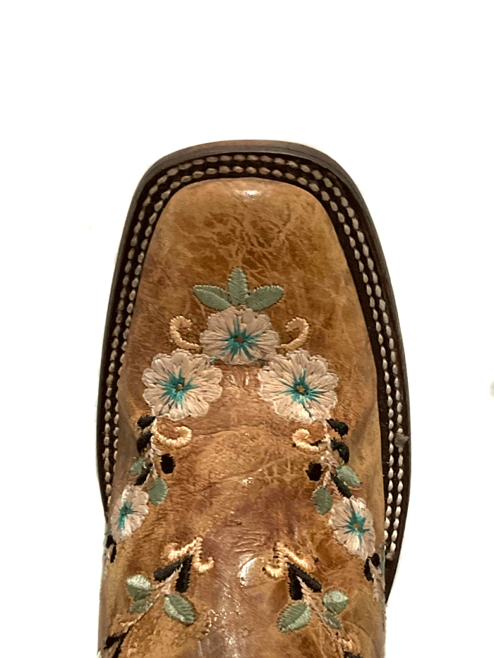 Corral A4398 Women's Floral Embroidery Western Boots - Distressed Cognac Square Toe Cowgirl Boots for Rodeo, Country Dancing & Western Fashion