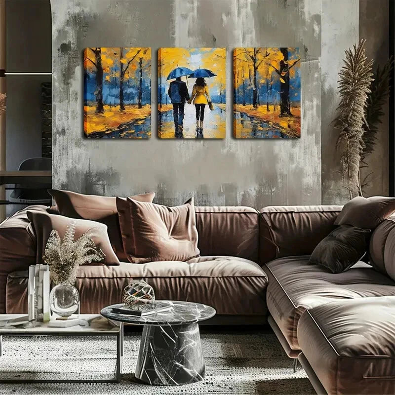 3-Piece Couple Holding Umbrella Wall Art Set - Framed Canvas 40x60cm (16x24in) - High Quality Print - Australian Made - Ready to Hang - Perfect for Living Room, Bedroom & Wedding Gift