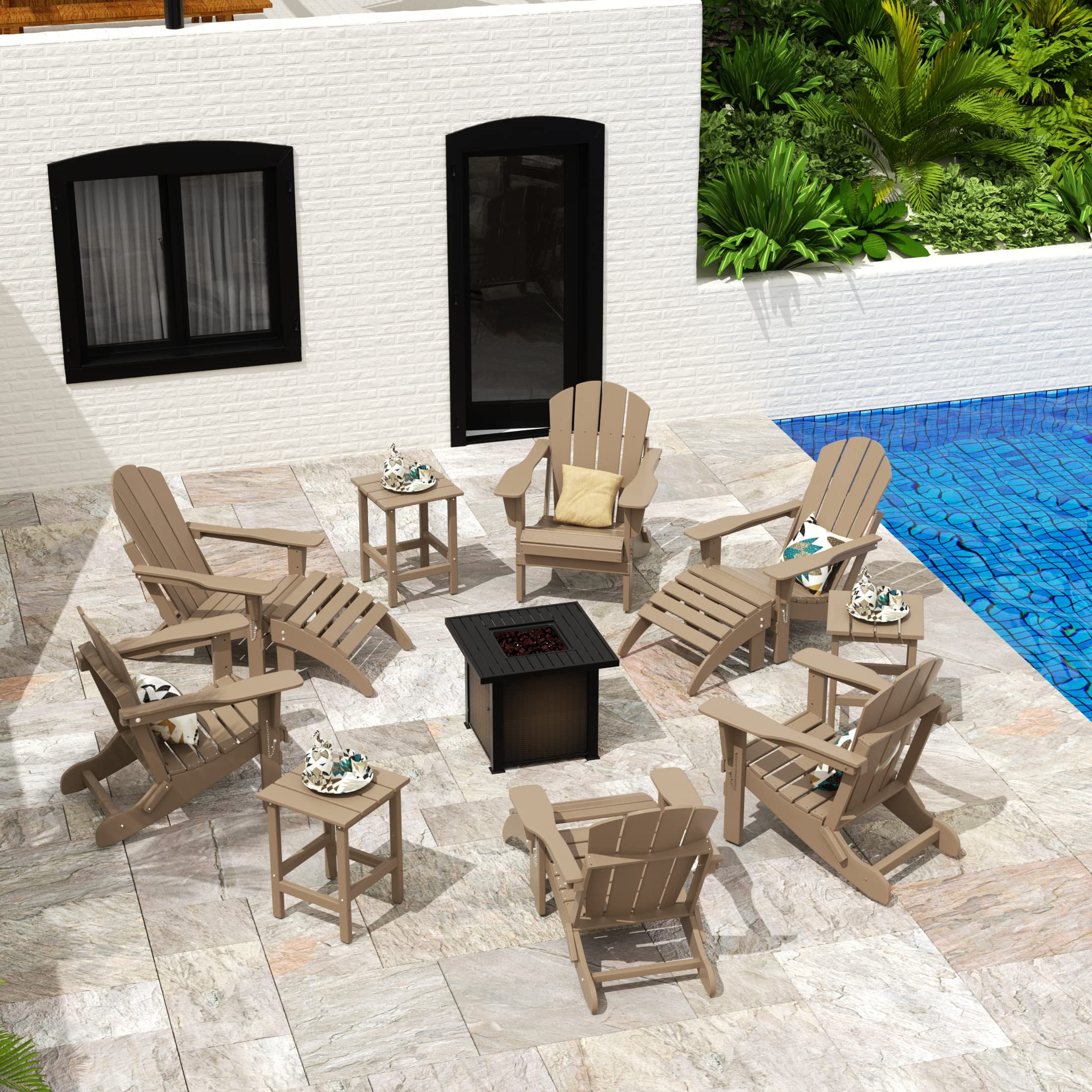Set of 4 HDPE Folding Adirondack Chairs - Weather-Resistant Outdoor Lounge Seating for Patio, Poolside, Backyard & Garden - Durable Weathered Wood Look - Perfect for Relaxing, Sunbathing & Outdoor Entertaining