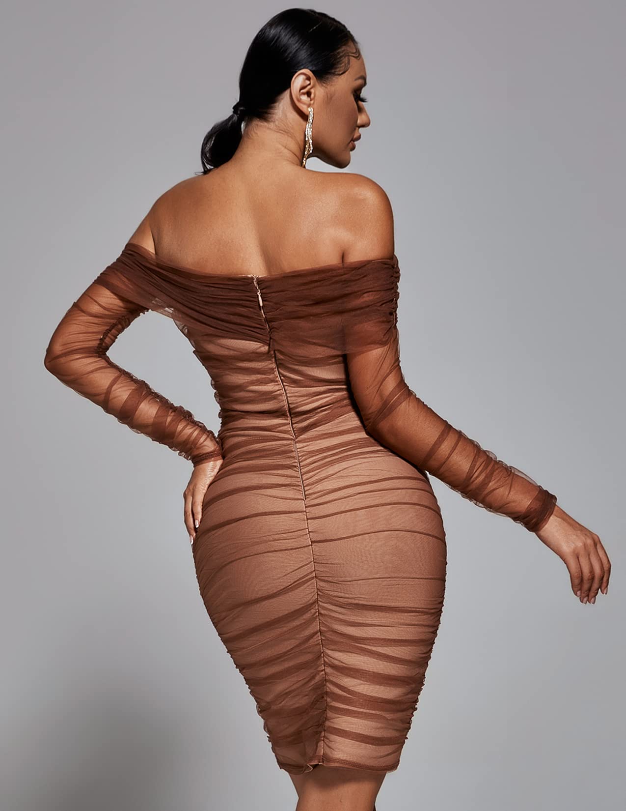 BELLA BARNETT Sexy Ruched Bodycon Dress - Long Sleeve Midi Dress for Wedding Guest, Party, or Date Night | Off Shoulder Formal Dress for Women | Elegant & Classy Outfit for Special Occasions