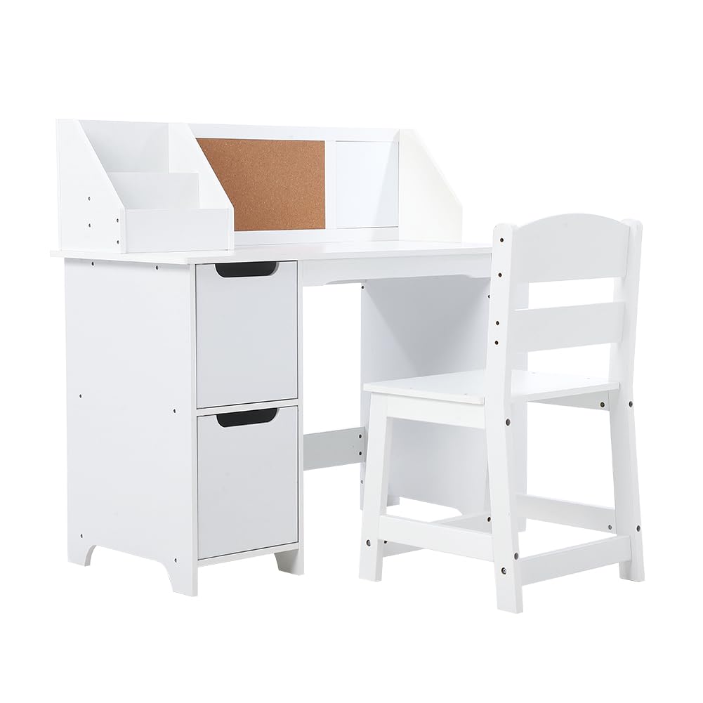 White Study Desk and Chair Set with Bookshelf, Bulletin Board & Storage Cabinets - Perfect Kids Study Furniture for Boys & Girls Ages 3-8 - Ideal for Homework, Drawing & Reading in Bedroom or Playroom