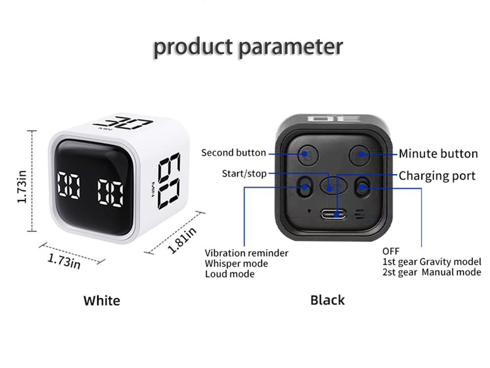 Rechargeable Digital Cube Pomodoro Timer - 5/10/30/60min & Custom Countdown with Vibration & Adjustable Alarm - Productivity Tool for Office Work, Kitchen Cooking, ADHD Kids Study & Focus (White)