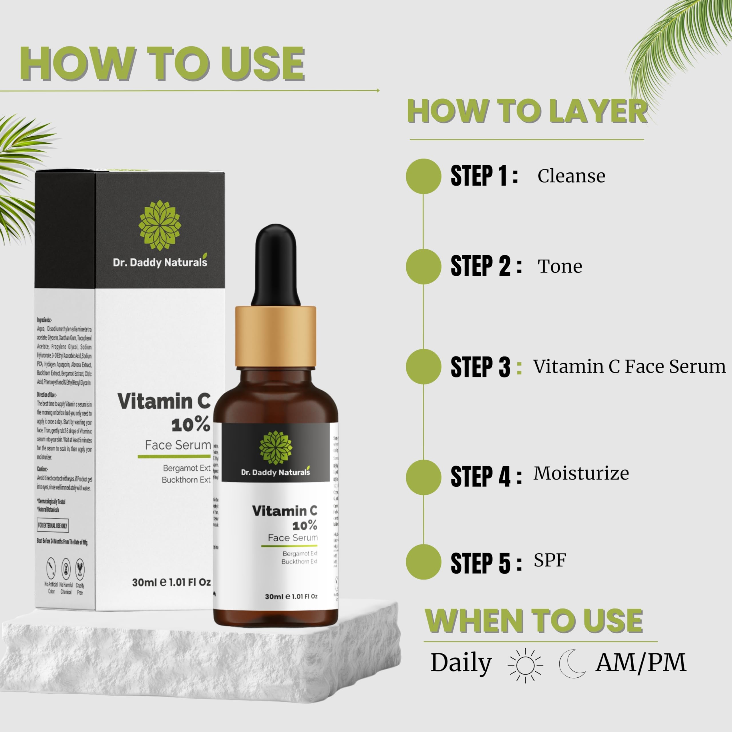Dr. Daddy Naturals Vitamin C Face Serum with Hyaluronic Acid & Bergamot Extract - Skin Brightening Serum for Hyperpigmentation, Dark Spots & Wrinkles - Fragrance Free, 30ml - Perfect for Daily Skincare Routine & Nighttime Repair