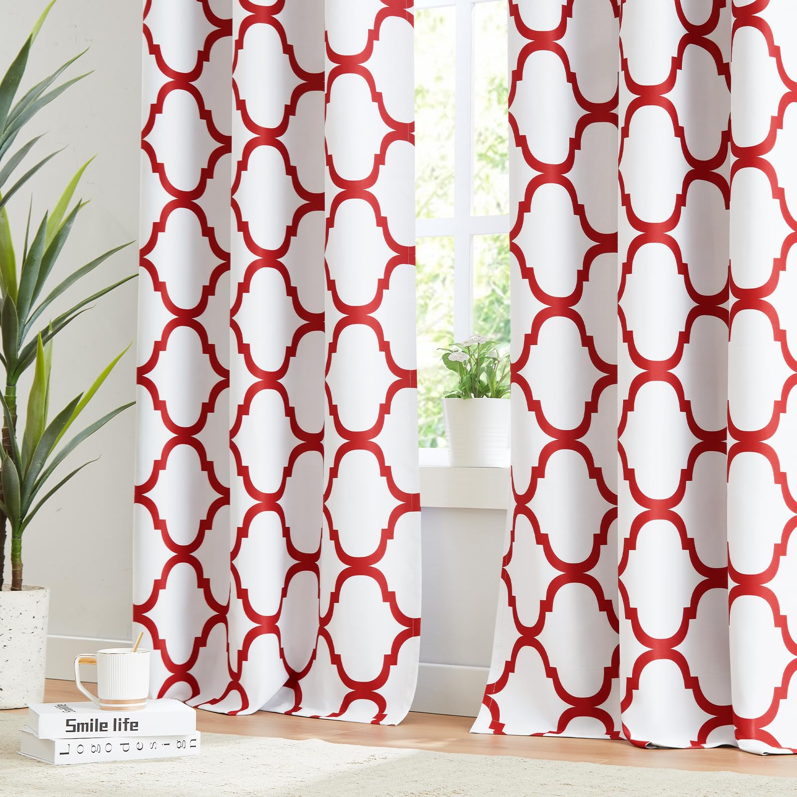 Melodieux Set of 2 Moroccan Style Geometric Lattice Tier Curtains - 29x36 Inches, Off White/Red | Rod Pocket Window Treatments for Kitchen, Cafe, Bathroom & Small Windows | Perfect for Boho Home Decor & Privacy