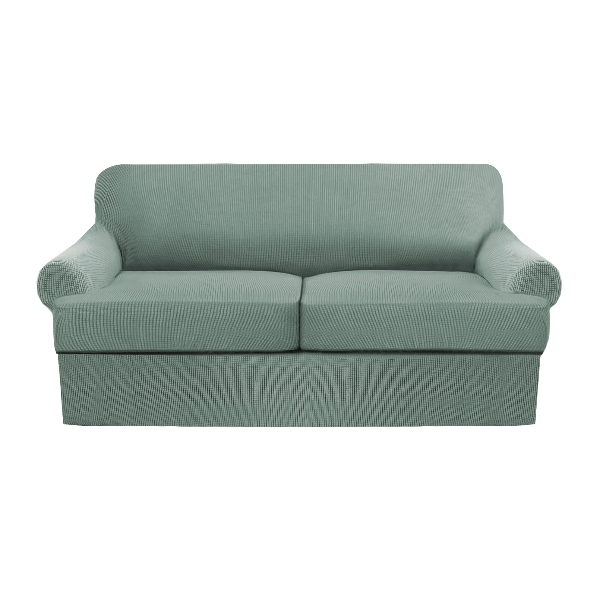 3-Piece T-Cushion Sofa Slipcover Set - Thick Stretchable Couch Cover with 2 Individual T-Cushion Protectors - Washable Furniture Protector for Loveseat (Green) - Perfect for Living Room, Family Room & Home Decor Protection