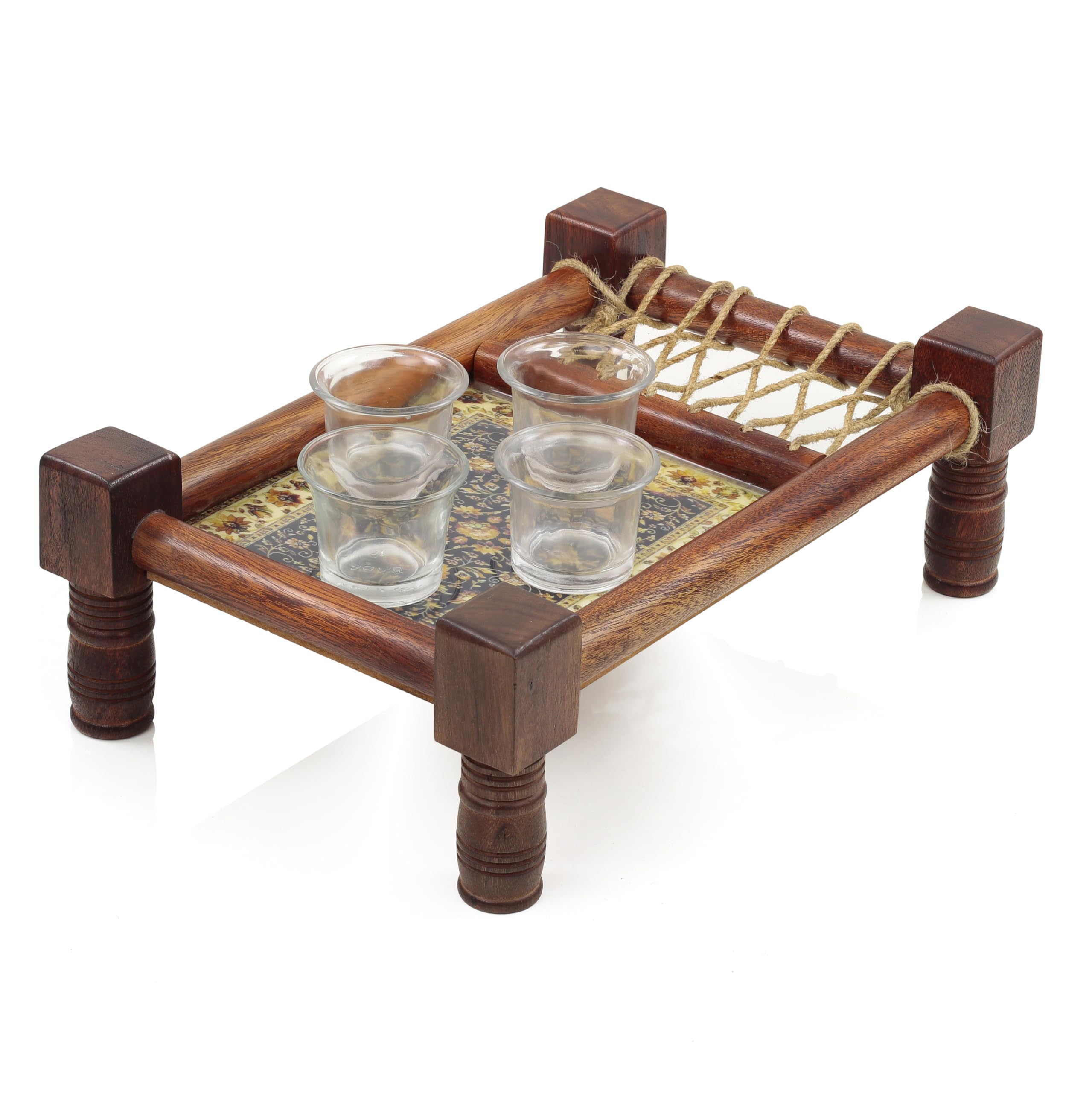 Handcrafted Asian Wooden Snack Tray with Floral Black Design - Traditional North Indian Decorative Serving Tray for Tea, Coffee, and Appetizers - Perfect for Home Decor, Dining, and Gift Giving