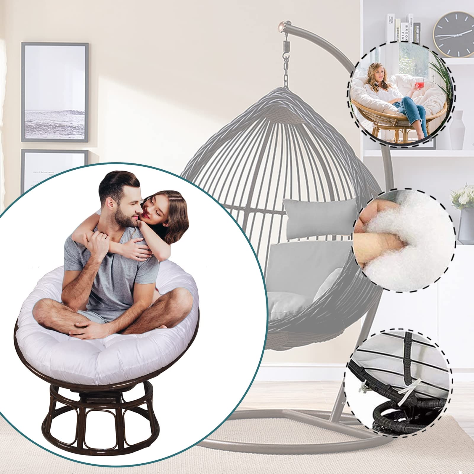 Soft Fluffy Papasan Chair Cushion - 130x130cm White Overstuffed Egg Shaped Hammock Swing Seat Pad for Indoor & Outdoor Use - Perfect for Home, Garden, Patio, and Relaxation