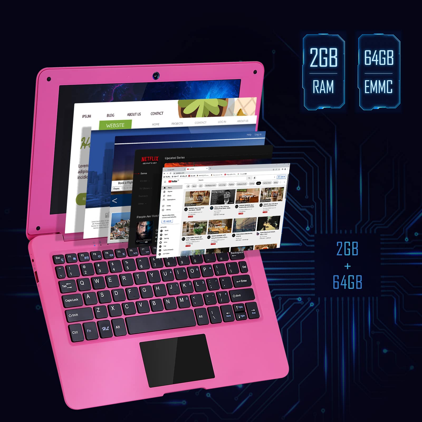 10.1 Inch Quad Core Android 12.0 Laptop with WiFi, Webcam & Bluetooth - Pink Mini Netbook for Kids & Adults, Includes Bag, Mouse & Mouse Pad, Perfect for Home, School & Travel
