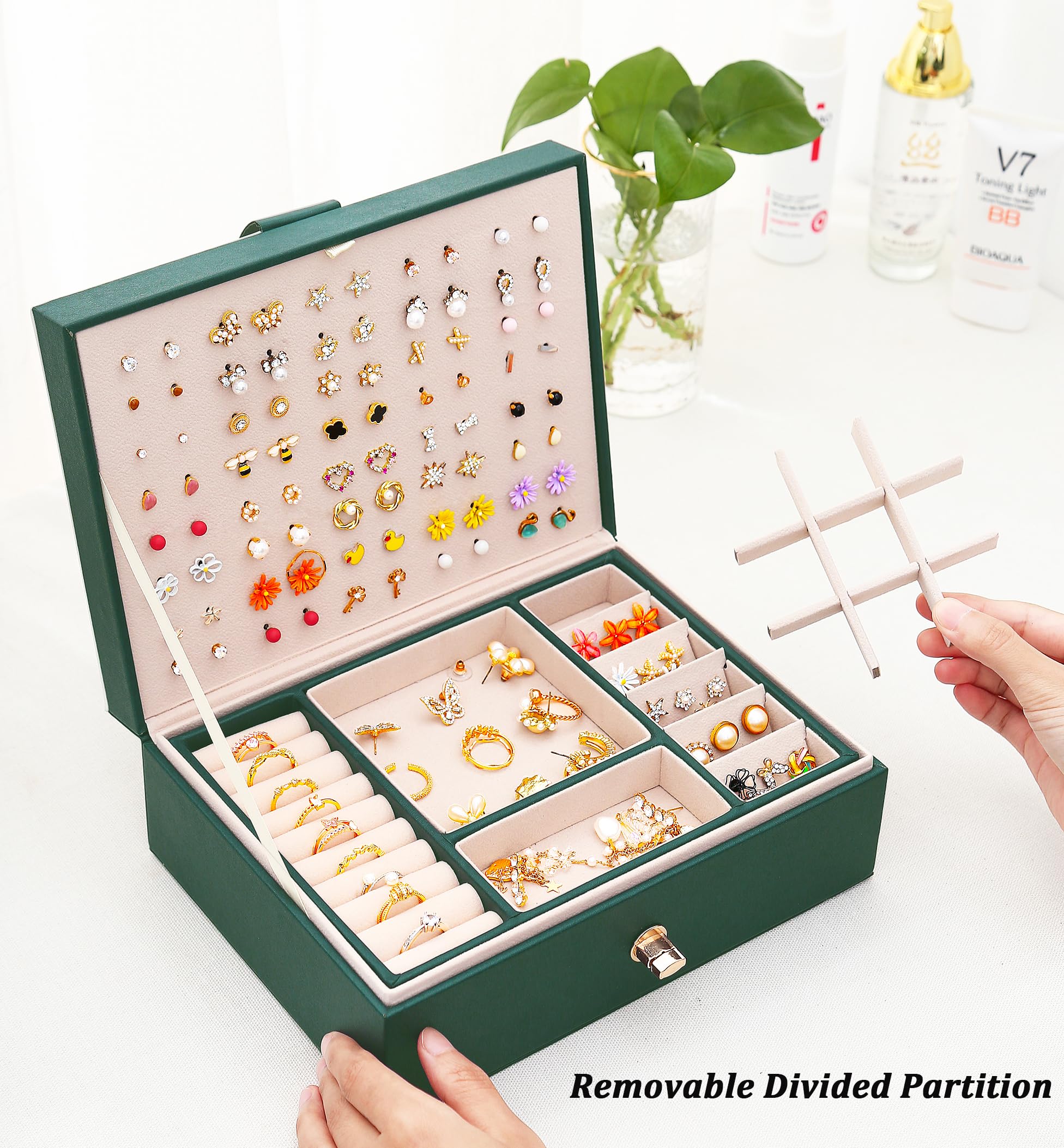 Women's Jewelry Organizer Box - Green Earring Holder & Storage Case for Studs, Hoops, Dangles - Perfect for Travel, Home, and Gift Giving