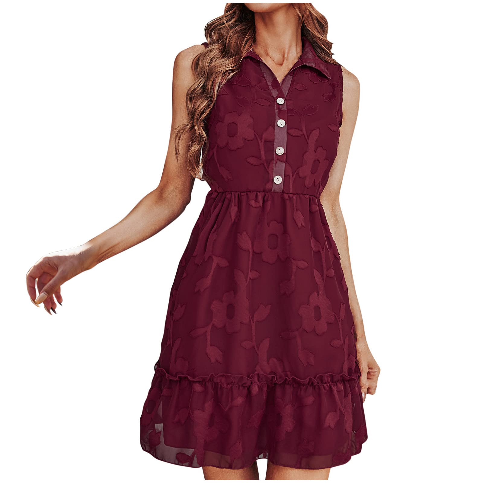 Women's Summer Turndown Collar Floral Sleeveless Casual Dress - Beach Vacation Outfits, Solid Color Popular Dress for Outdoor Activities & Travel